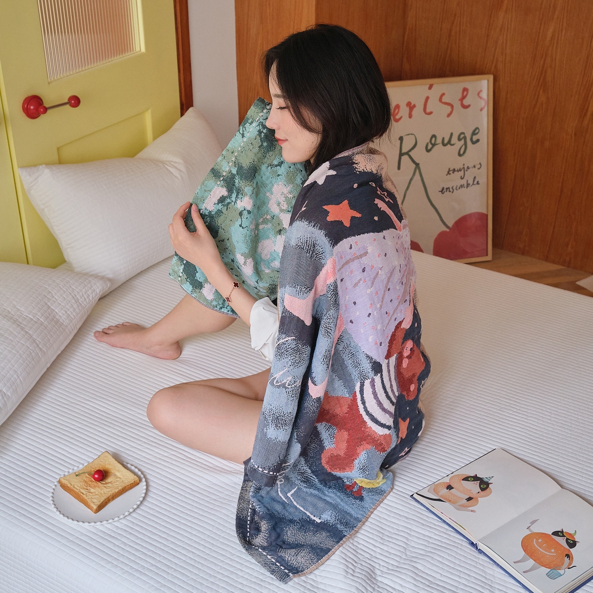 91家纺网 家纺一手货源 找家纺 沐瑟家纺 2025新款卡通A类全棉四层纱布浴巾加大毛巾-第四组 漫步 150*75cm