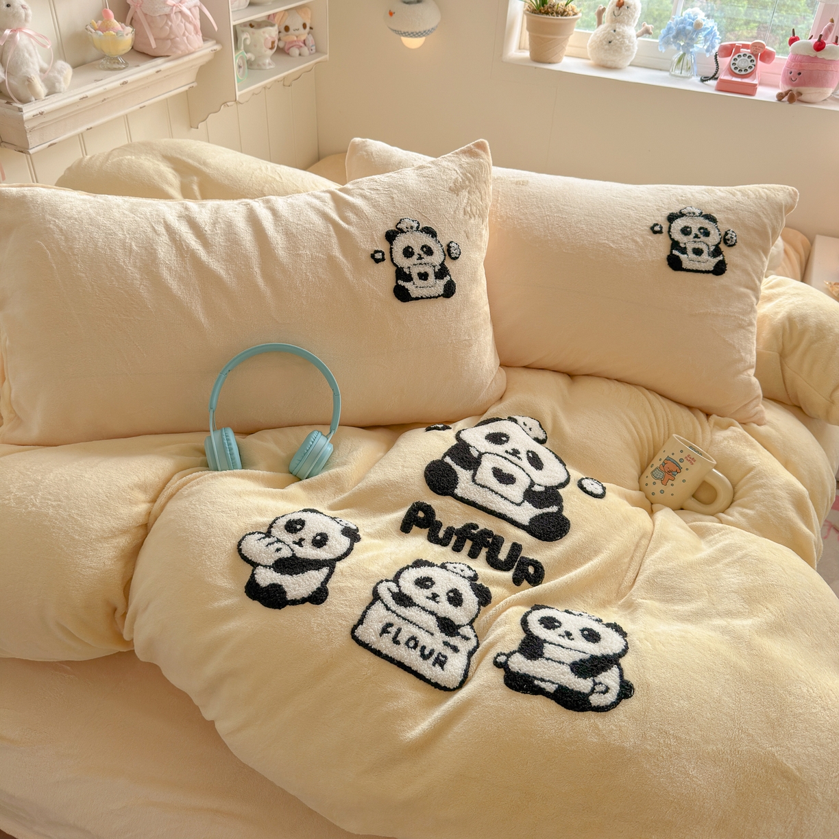 91家纺网 家纺一手货源 找家纺 优卡迪家纺馆 2025新款牛奶绒毛巾绣四件套 下载文件包含买家秀 芝士熊猫-奶黄