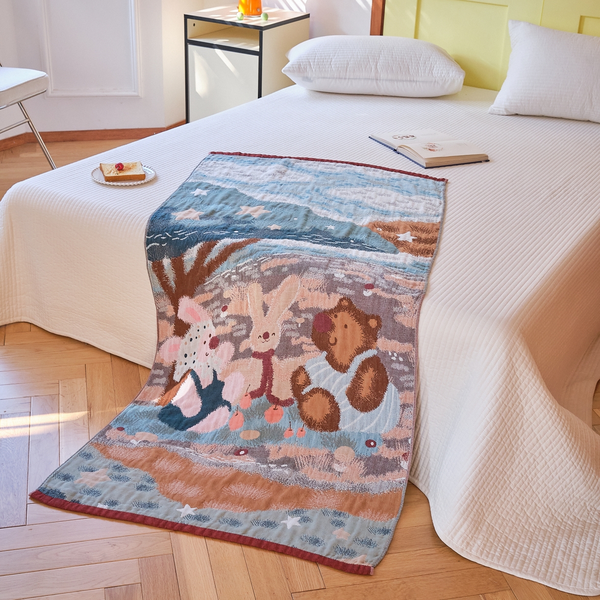 91家纺网 家纺一手货源 找家纺 沐瑟家纺 2025新款卡通A类全棉四层纱布浴巾加大毛巾-第四组 森林聚餐 150*75cm