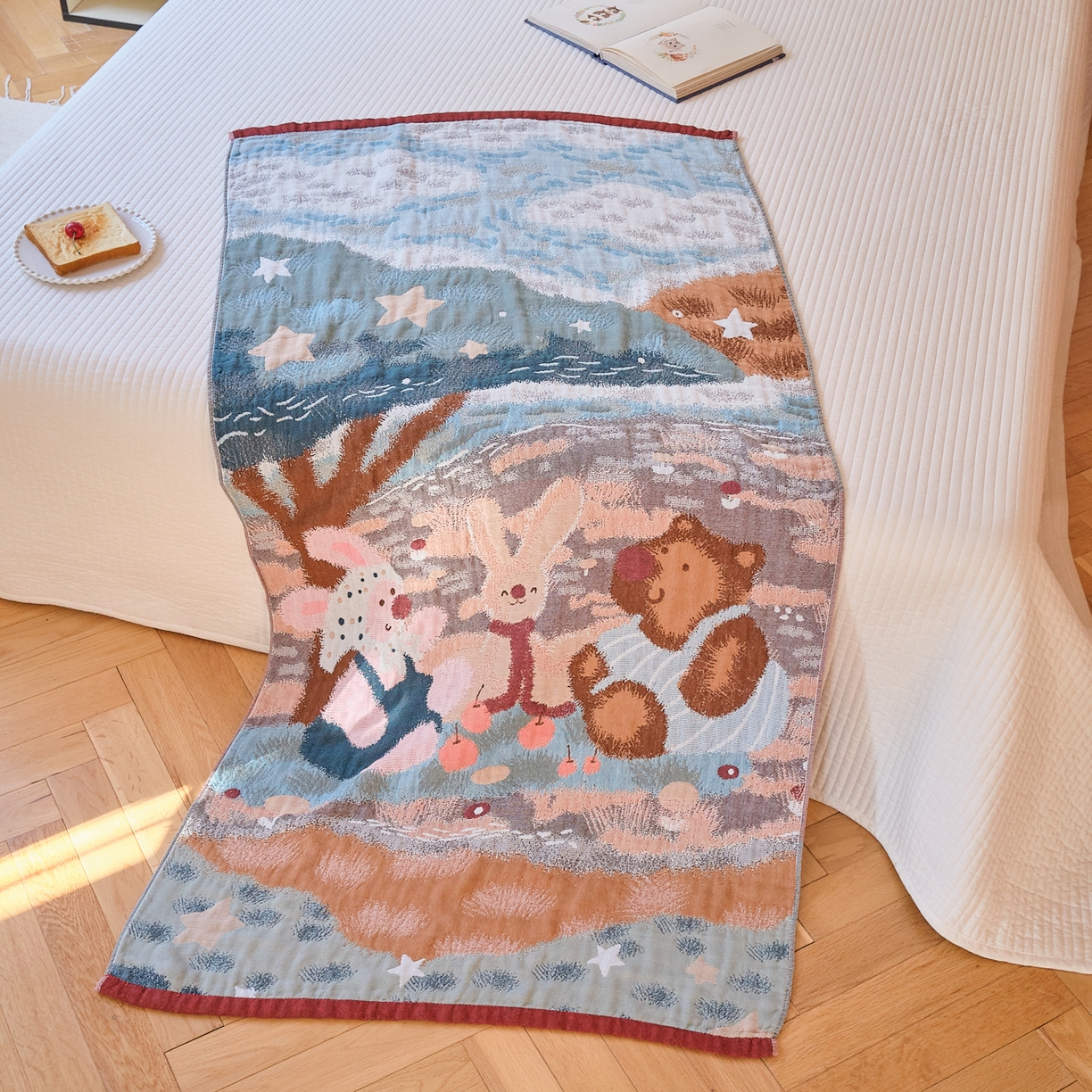 91家纺网 家纺一手货源 找家纺 沐瑟家纺 2025新款卡通A类全棉四层纱布浴巾加大毛巾-第四组 森林聚餐 150*75cm