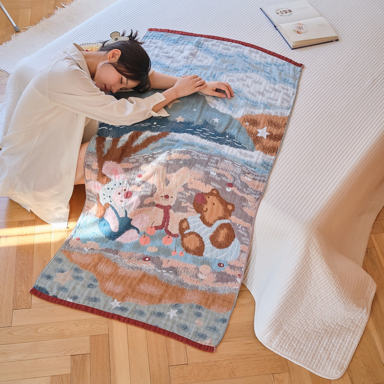 91家纺网 家纺一手货源 找家纺 沐瑟家纺 2025新款卡通A类全棉四层纱布浴巾加大毛巾-第四组 森林聚餐 150*75cm