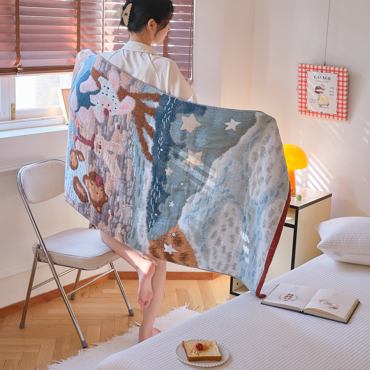 91家纺网 家纺一手货源 找家纺 沐瑟家纺 2025新款卡通A类全棉四层纱布浴巾加大毛巾-第四组 森林聚餐 150*75cm