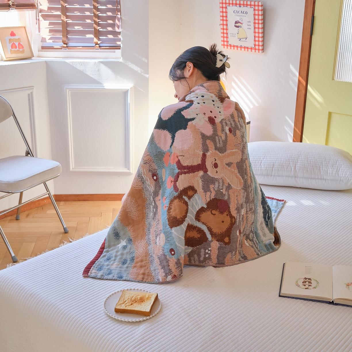 91家纺网 家纺一手货源 找家纺 沐瑟家纺 2025新款卡通A类全棉四层纱布浴巾加大毛巾-第四组 森林聚餐 150*75cm