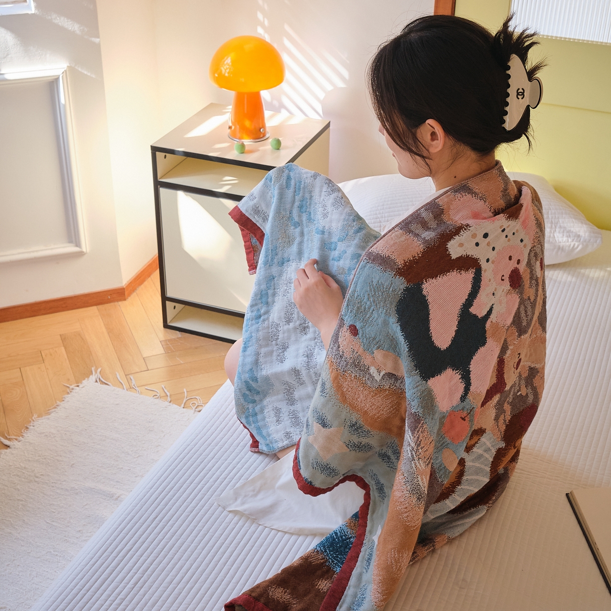 91家纺网 家纺一手货源 找家纺 沐瑟家纺 2025新款卡通A类全棉四层纱布浴巾加大毛巾-第四组 森林聚餐 150*75cm