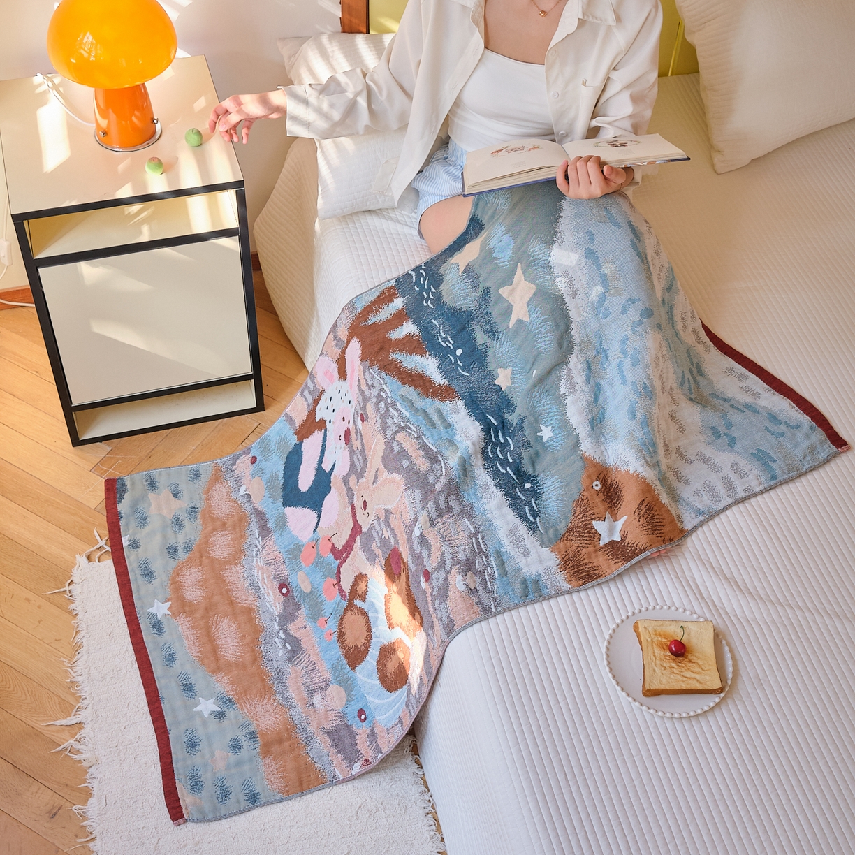 91家纺网 家纺一手货源 找家纺 沐瑟家纺 2025新款卡通A类全棉四层纱布浴巾加大毛巾-第四组 森林聚餐 150*75cm