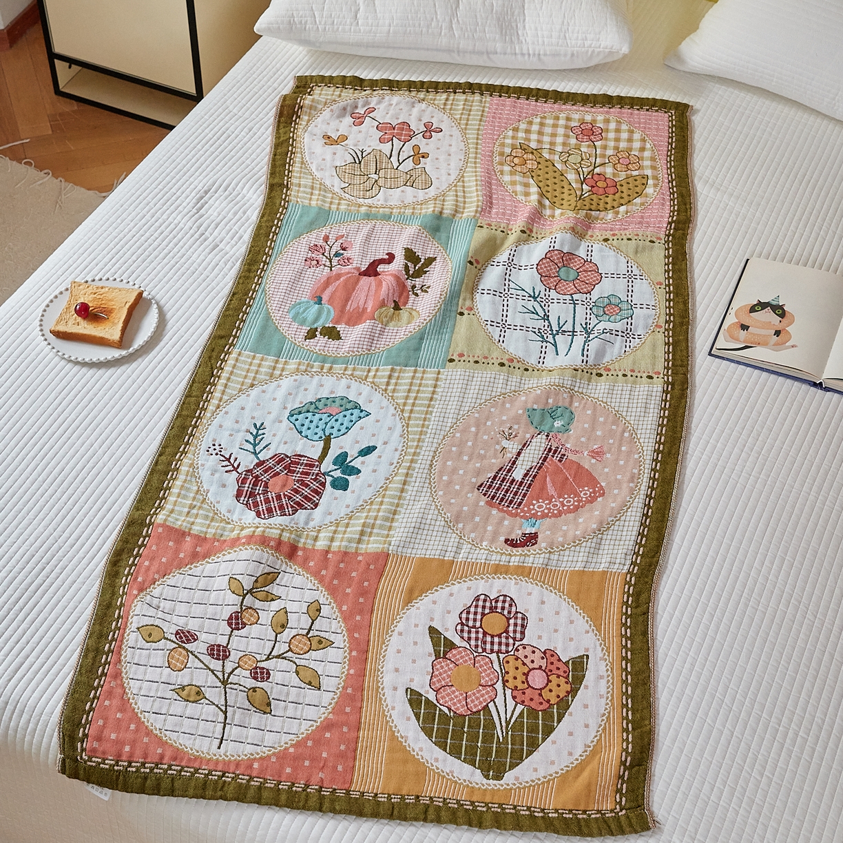 91家纺网 家纺一手货源 找家纺 沐瑟家纺 2025新款卡通A类全棉四层纱布浴巾加大毛巾-第四组 田园时光 150*75cm