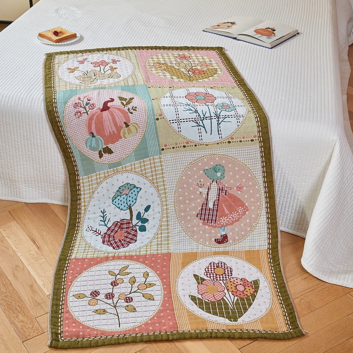 91家纺网 家纺一手货源 找家纺 沐瑟家纺 2025新款卡通A类全棉四层纱布浴巾加大毛巾-第四组 田园时光 150*75cm