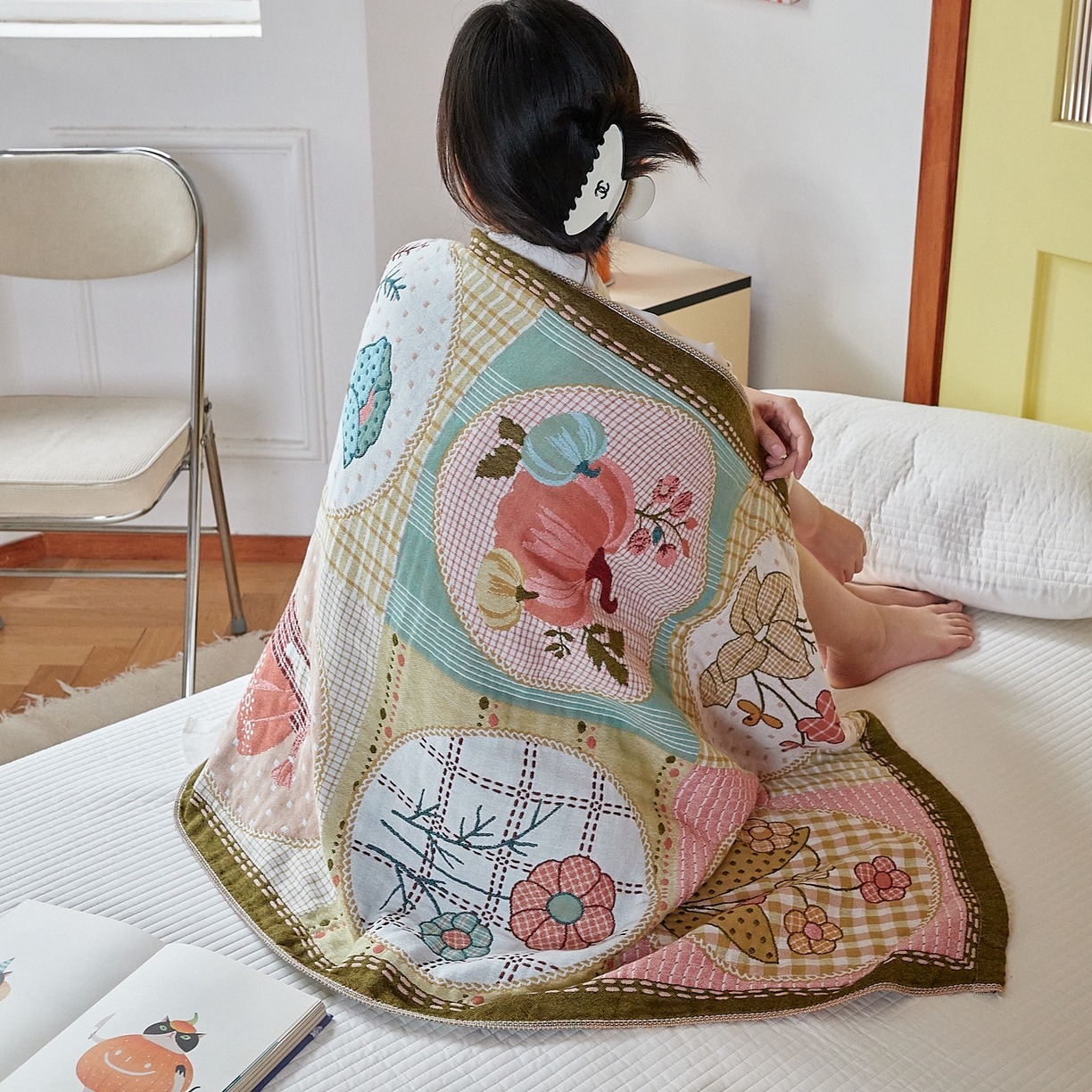 91家纺网 家纺一手货源 找家纺 沐瑟家纺 2025新款卡通A类全棉四层纱布浴巾加大毛巾-第四组 田园时光 150*75cm