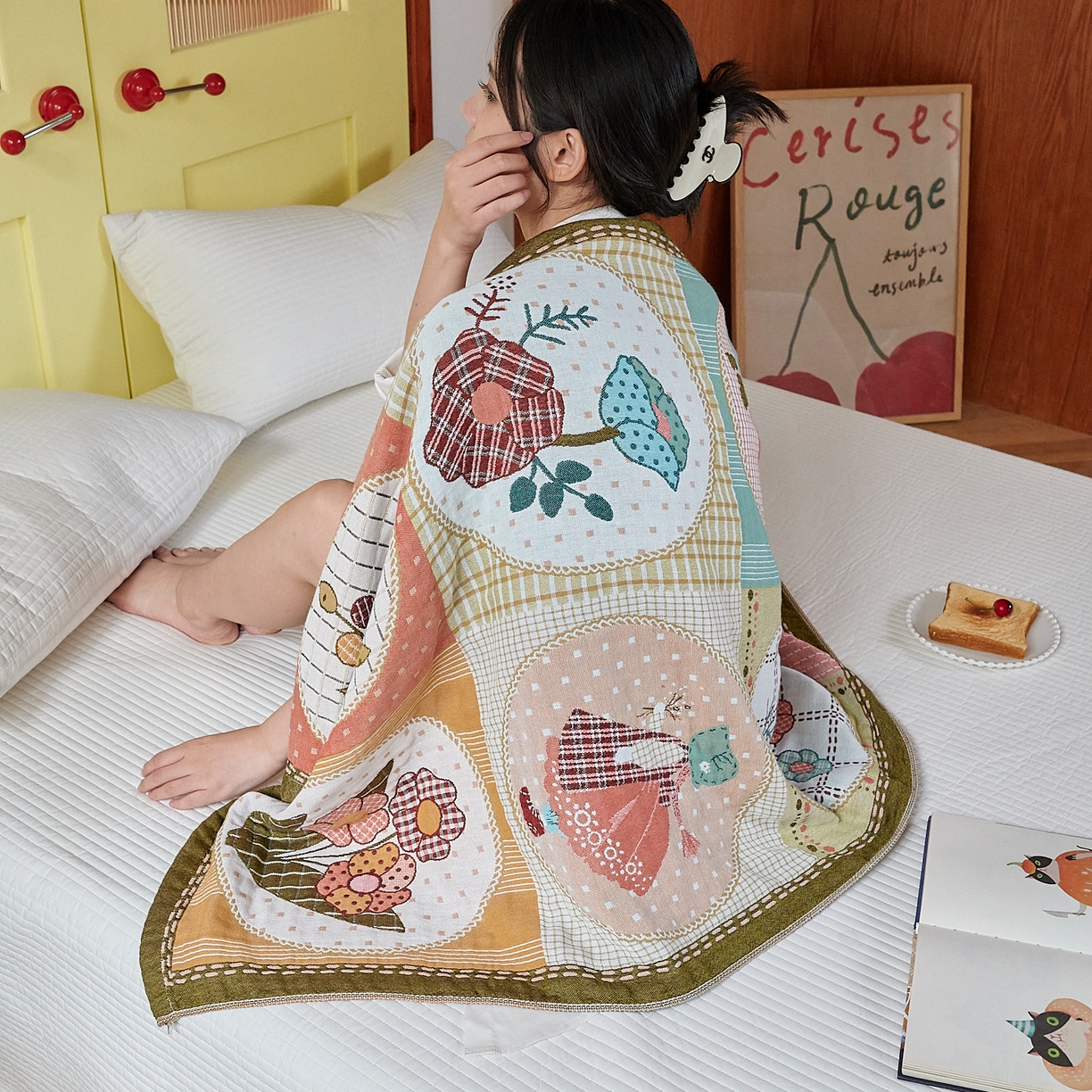 91家纺网 家纺一手货源 找家纺 沐瑟家纺 2025新款卡通A类全棉四层纱布浴巾加大毛巾-第四组 田园时光 150*75cm