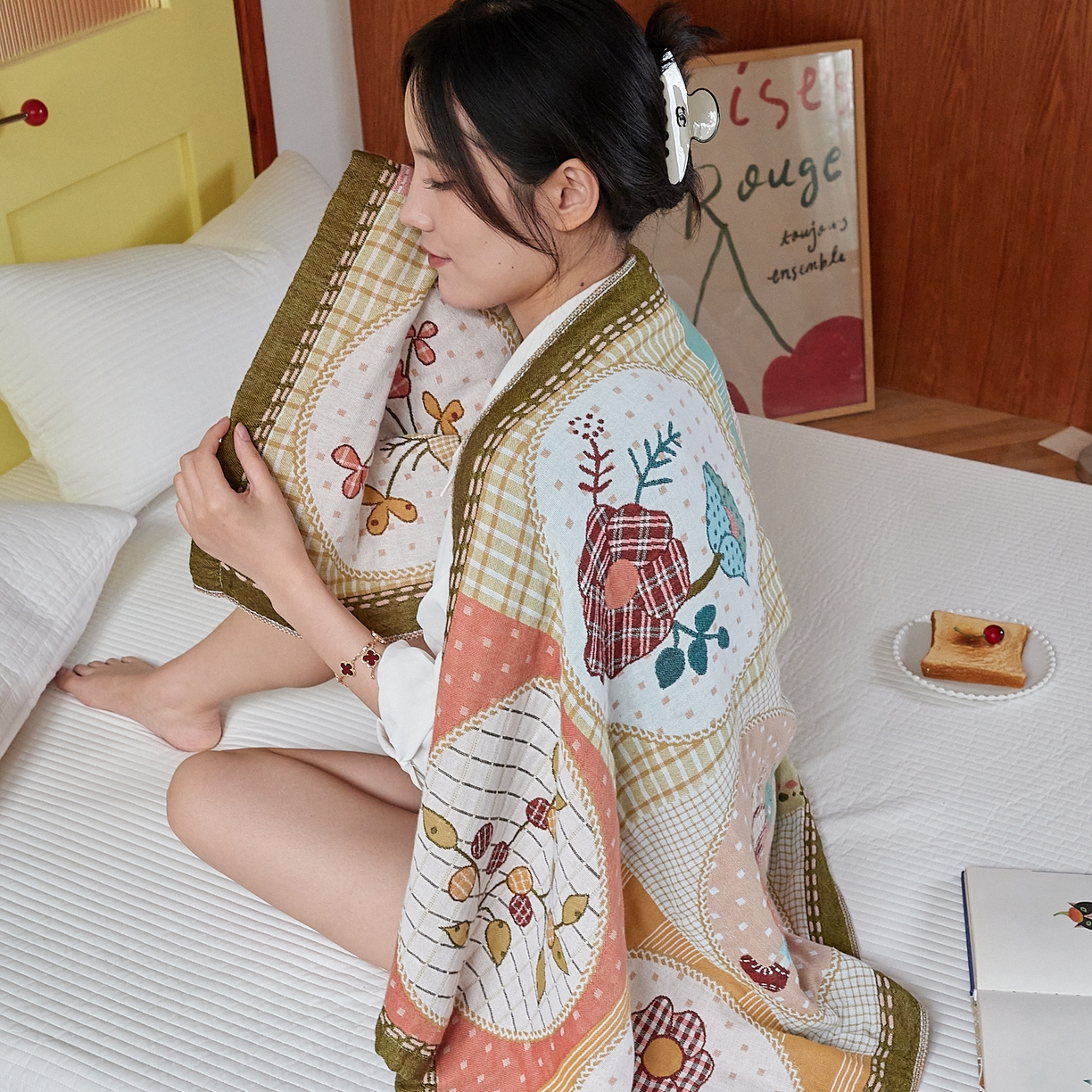 91家纺网 家纺一手货源 找家纺 沐瑟家纺 2025新款卡通A类全棉四层纱布浴巾加大毛巾-第四组 田园时光 150*75cm