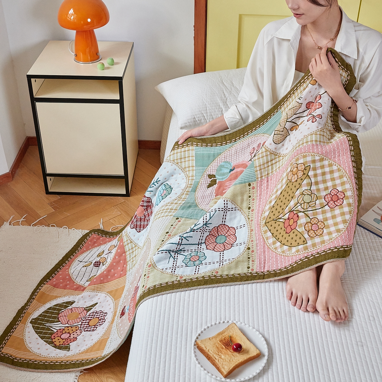 91家纺网 家纺一手货源 找家纺 沐瑟家纺 2025新款卡通A类全棉四层纱布浴巾加大毛巾-第四组 田园时光 150*75cm