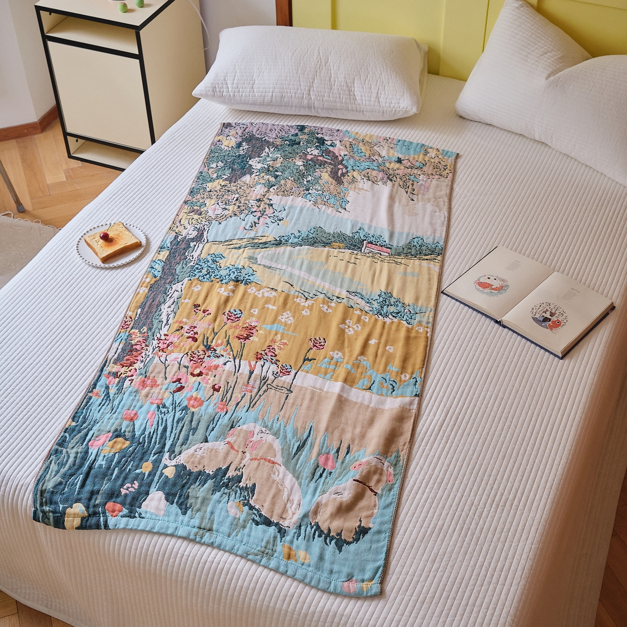 91家纺网 家纺一手货源 找家纺 沐瑟家纺 2025新款卡通A类全棉四层纱布浴巾加大毛巾-第四组 田园小趣 150*75cm