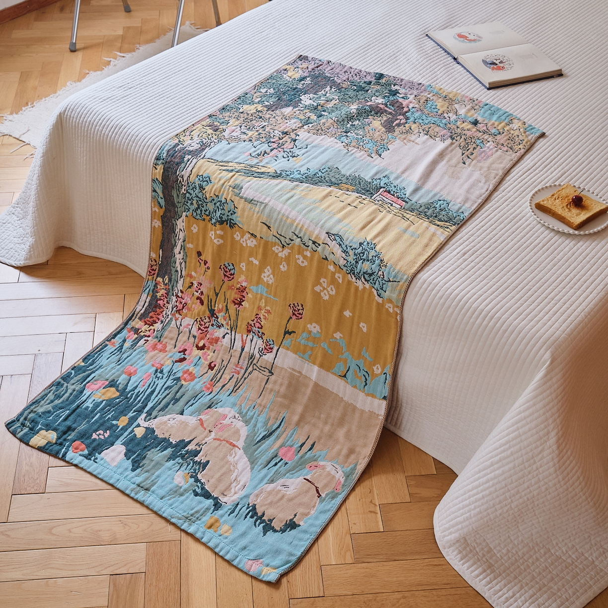 91家纺网 家纺一手货源 找家纺 沐瑟家纺 2025新款卡通A类全棉四层纱布浴巾加大毛巾-第四组 田园小趣 150*75cm