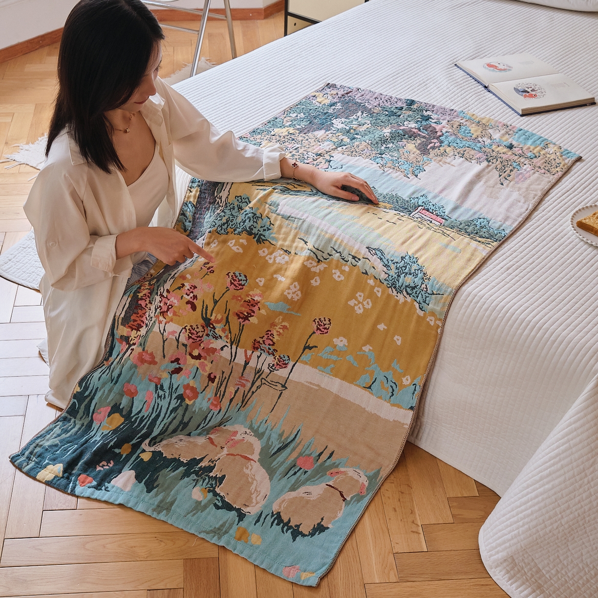 91家纺网 家纺一手货源 找家纺 沐瑟家纺 2025新款卡通A类全棉四层纱布浴巾加大毛巾-第四组 田园小趣 150*75cm