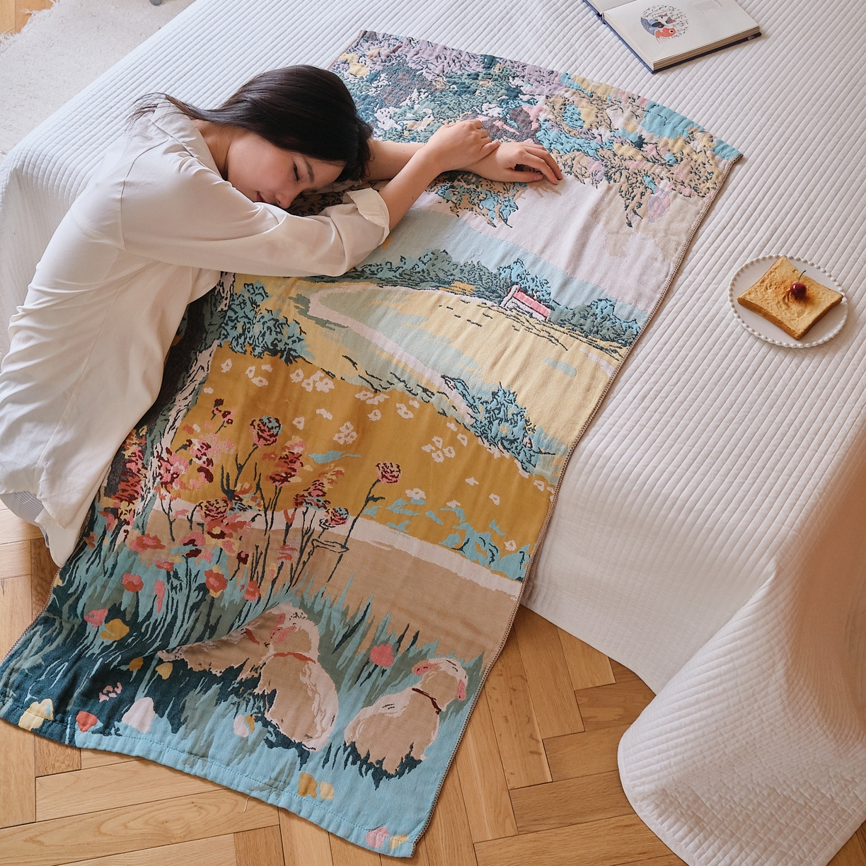 91家纺网 家纺一手货源 找家纺 沐瑟家纺 2025新款卡通A类全棉四层纱布浴巾加大毛巾-第四组 田园小趣 150*75cm