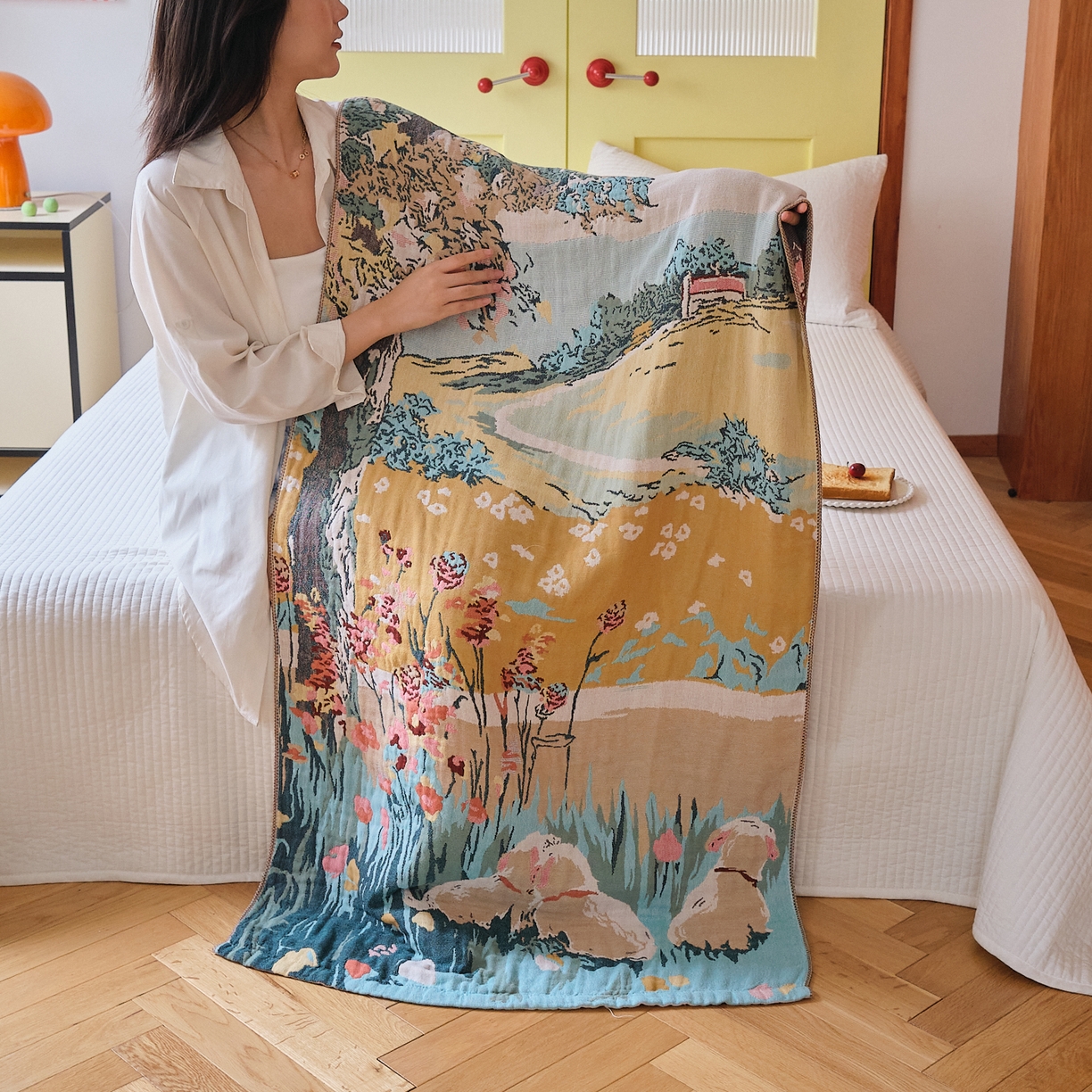 91家纺网 家纺一手货源 找家纺 沐瑟家纺 2025新款卡通A类全棉四层纱布浴巾加大毛巾-第四组 田园小趣 150*75cm