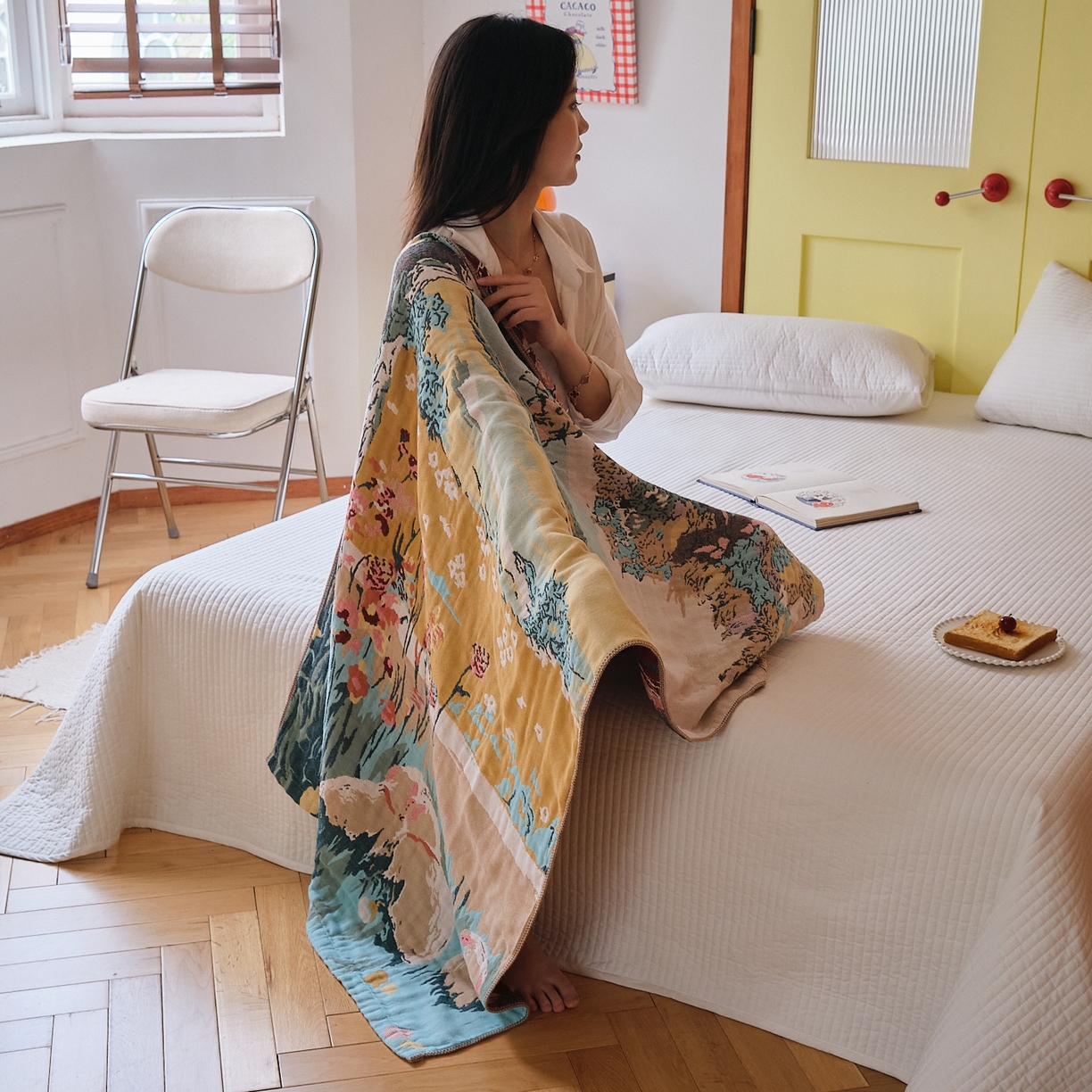 91家纺网 家纺一手货源 找家纺 沐瑟家纺 2025新款卡通A类全棉四层纱布浴巾加大毛巾-第四组 田园小趣 150*75cm