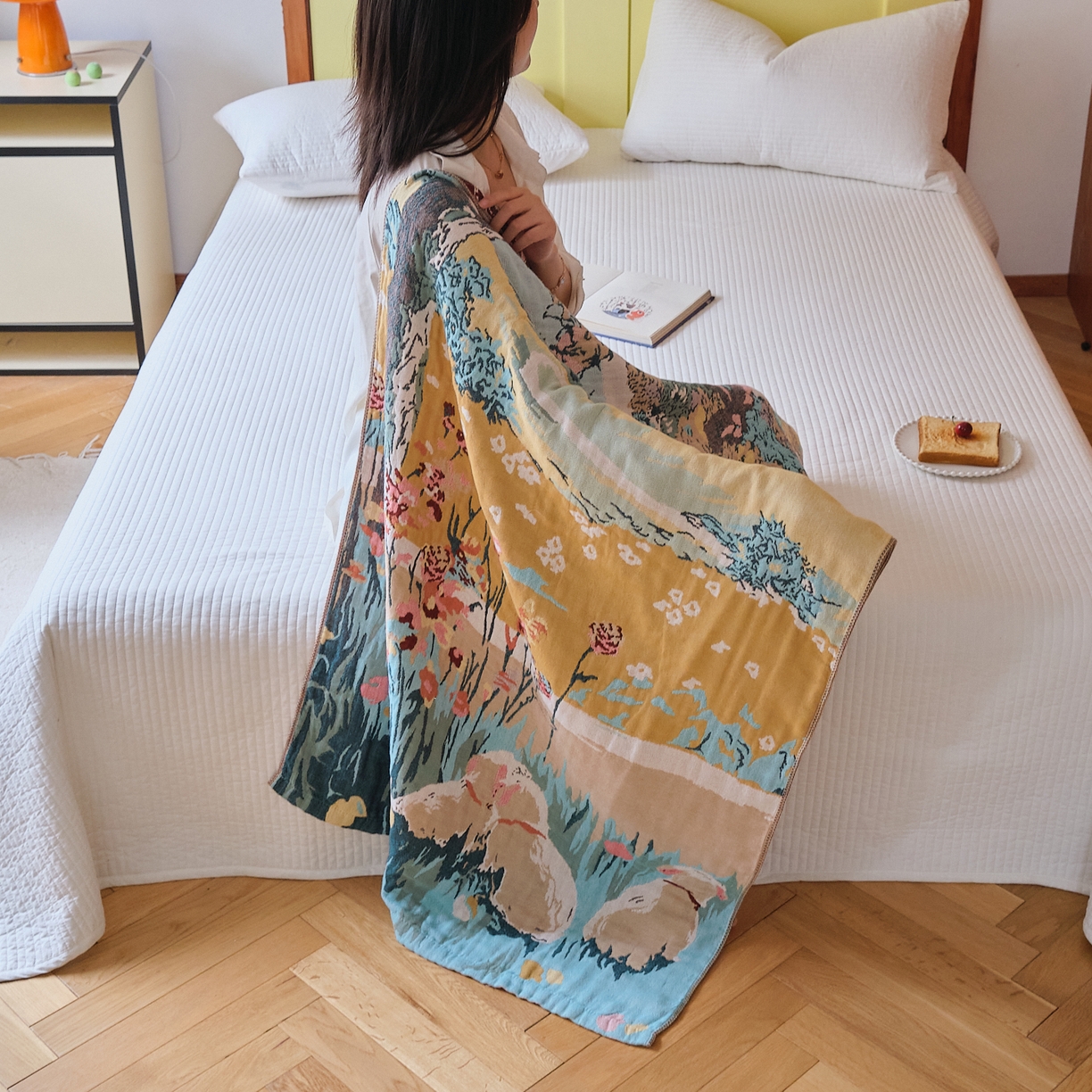 91家纺网 家纺一手货源 找家纺 沐瑟家纺 2025新款卡通A类全棉四层纱布浴巾加大毛巾-第四组 田园小趣 150*75cm