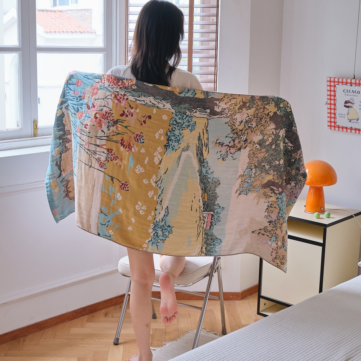 91家纺网 家纺一手货源 找家纺 沐瑟家纺 2025新款卡通A类全棉四层纱布浴巾加大毛巾-第四组 田园小趣 150*75cm