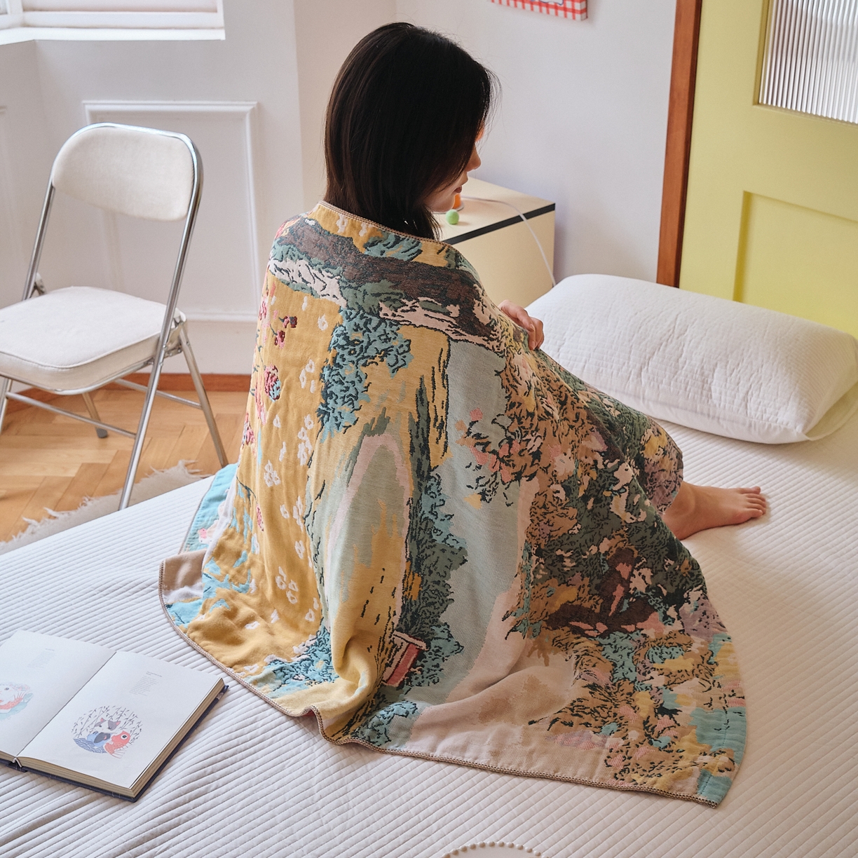 91家纺网 家纺一手货源 找家纺 沐瑟家纺 2025新款卡通A类全棉四层纱布浴巾加大毛巾-第四组 田园小趣 150*75cm