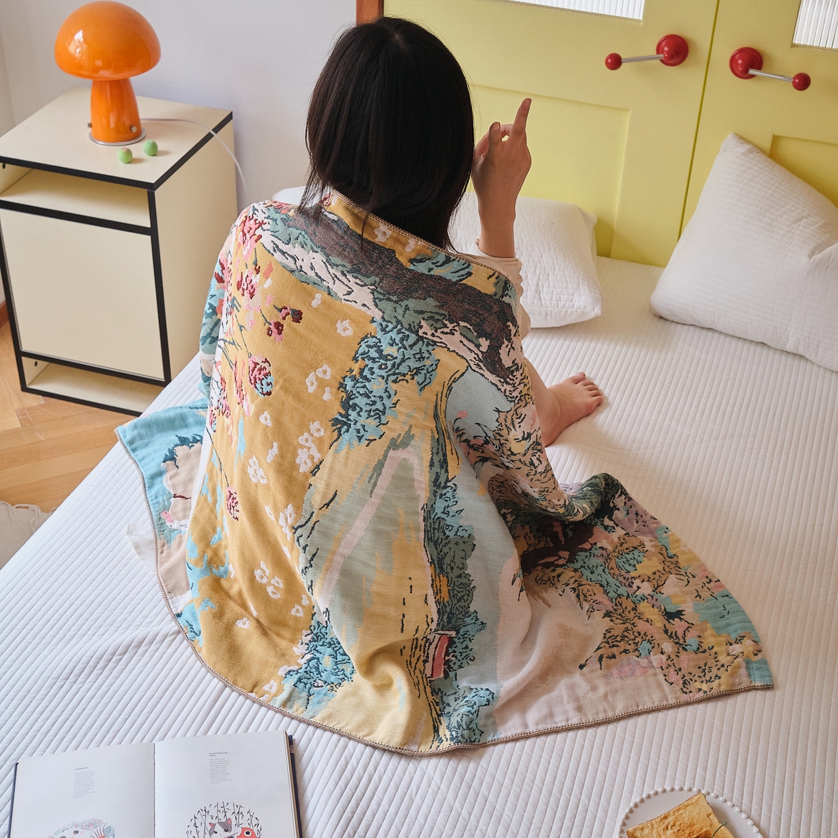 91家纺网 家纺一手货源 找家纺 沐瑟家纺 2025新款卡通A类全棉四层纱布浴巾加大毛巾-第四组 田园小趣 150*75cm