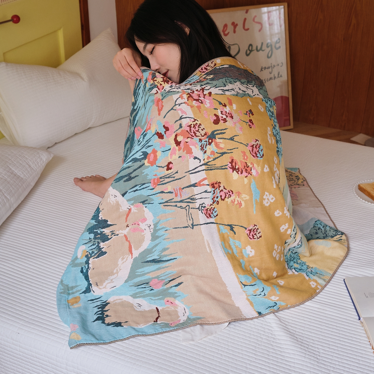 91家纺网 家纺一手货源 找家纺 沐瑟家纺 2025新款卡通A类全棉四层纱布浴巾加大毛巾-第四组 田园小趣 150*75cm