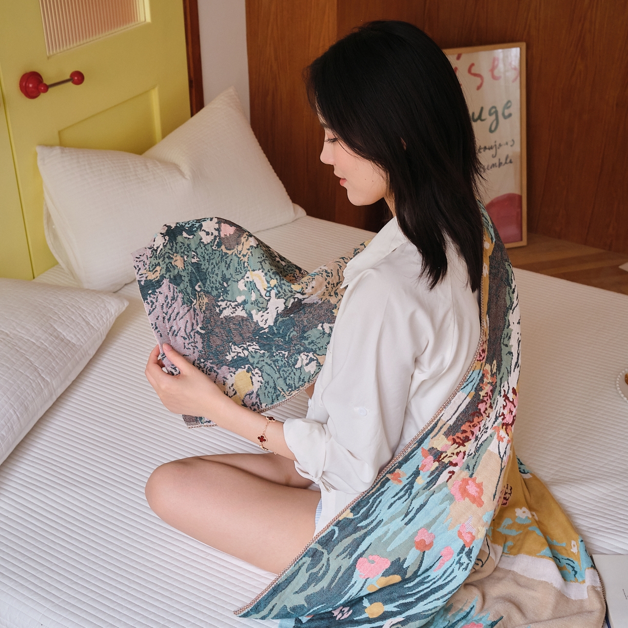 91家纺网 家纺一手货源 找家纺 沐瑟家纺 2025新款卡通A类全棉四层纱布浴巾加大毛巾-第四组 田园小趣 150*75cm