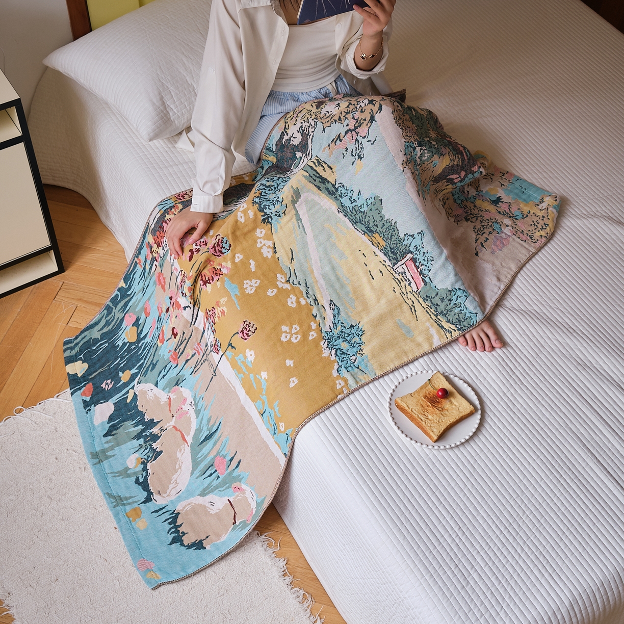 91家纺网 家纺一手货源 找家纺 沐瑟家纺 2025新款卡通A类全棉四层纱布浴巾加大毛巾-第四组 田园小趣 150*75cm