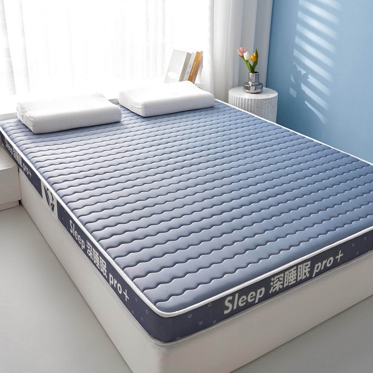 91家纺网 家纺一手货源 找家纺 鑫梦莱 2025新款深睡眠波浪系列乳胶海绵床垫立体款（成人图） 深睡蓝-9cm