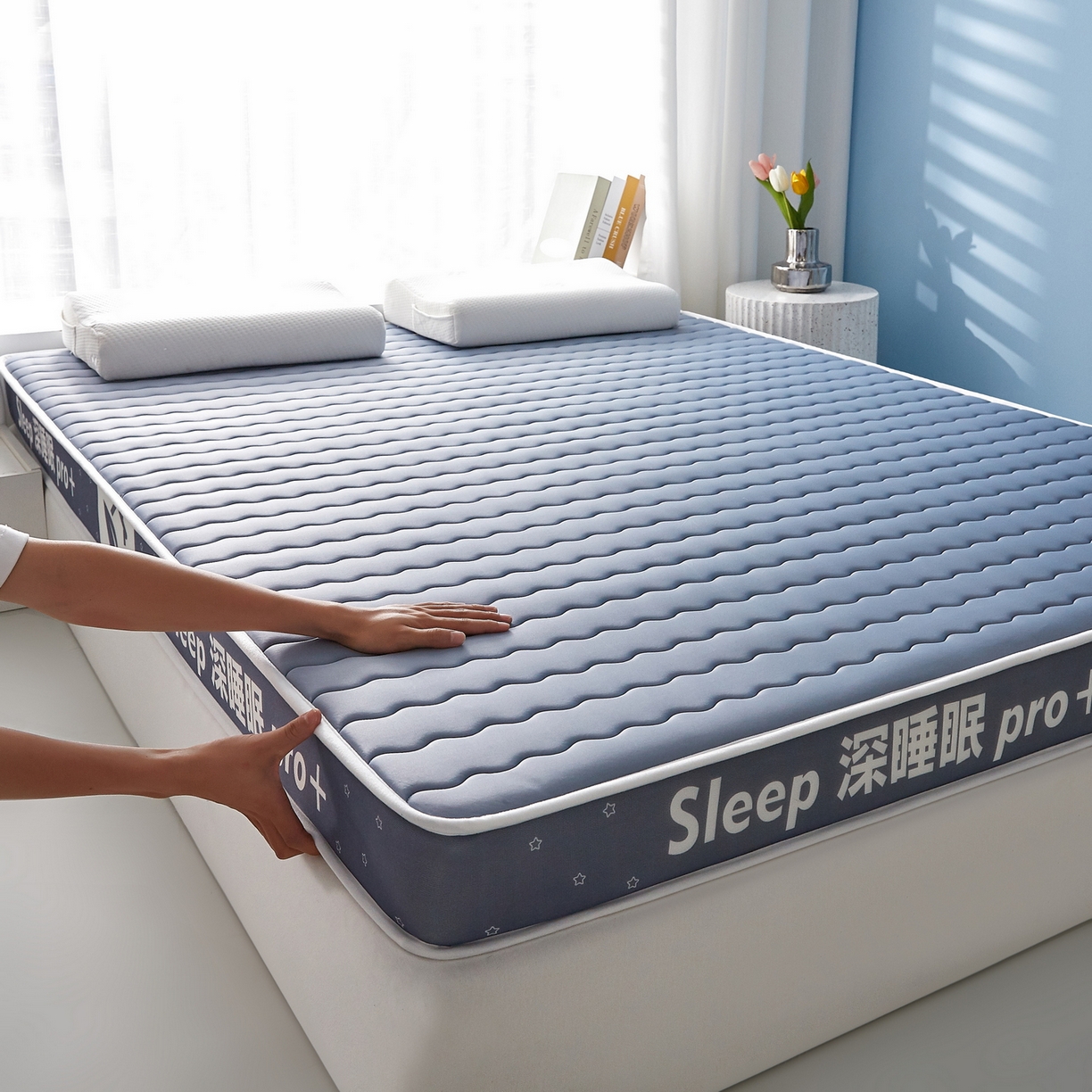 91家纺网 家纺一手货源 找家纺 鑫梦莱 2025新款深睡眠波浪系列乳胶海绵床垫立体款（成人图） 深睡蓝-9cm