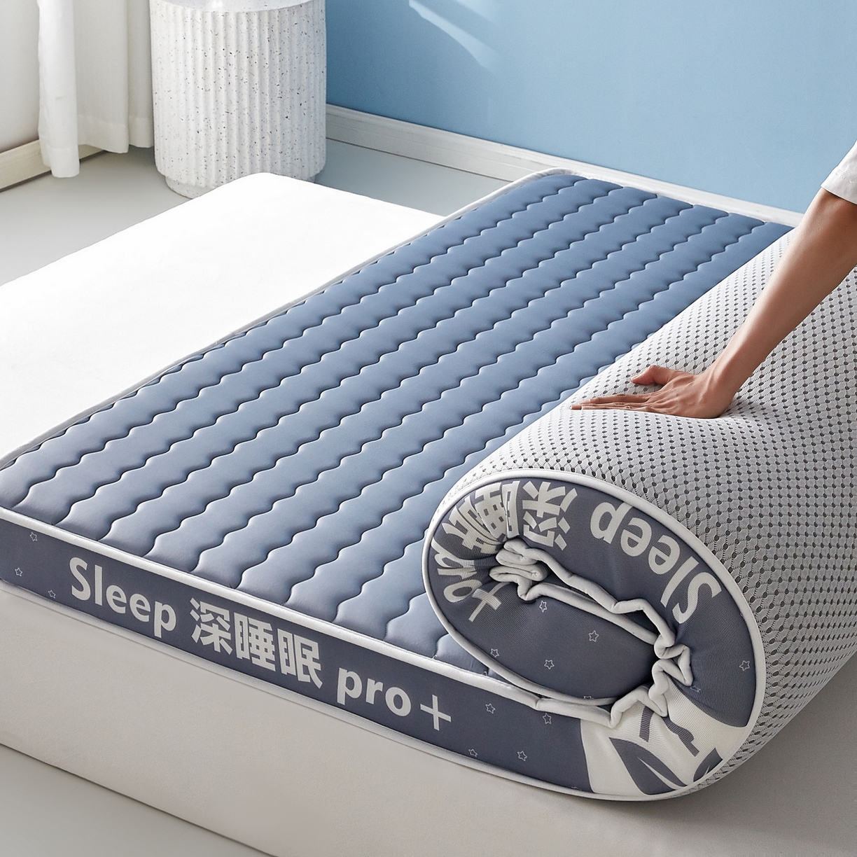 91家纺网 家纺一手货源 找家纺 鑫梦莱 2025新款深睡眠波浪系列乳胶海绵床垫立体款（成人图） 深睡蓝-6cm