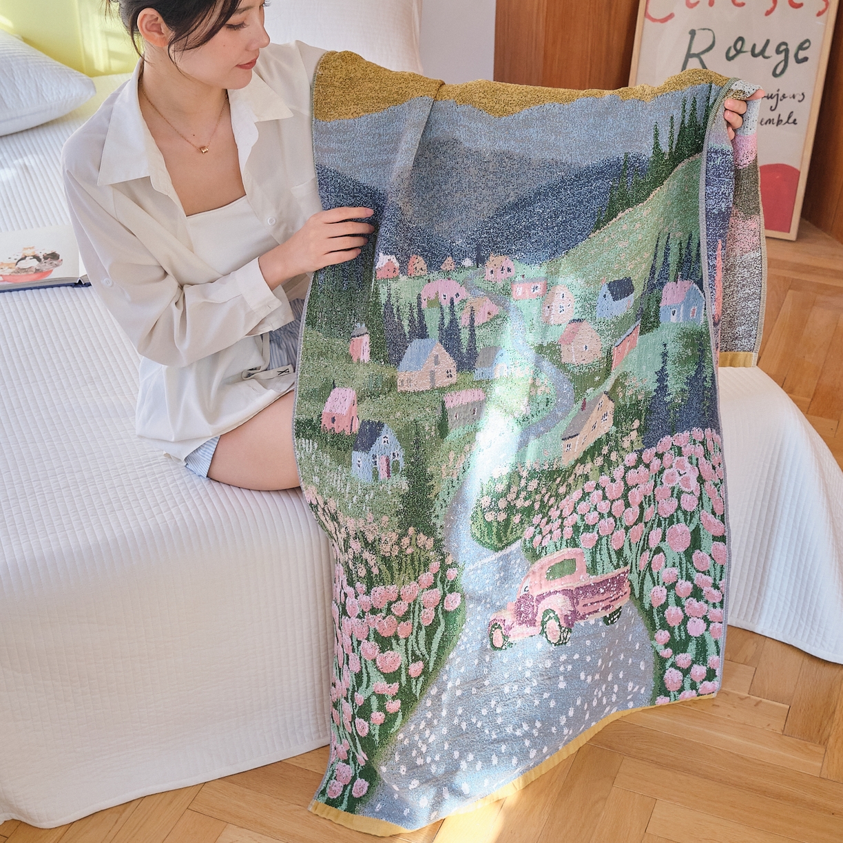 91家纺网 家纺一手货源 找家纺 沐瑟家纺 2025新款卡通A类全棉四层纱布浴巾加大毛巾-第四组 田园小镇 150*75cm