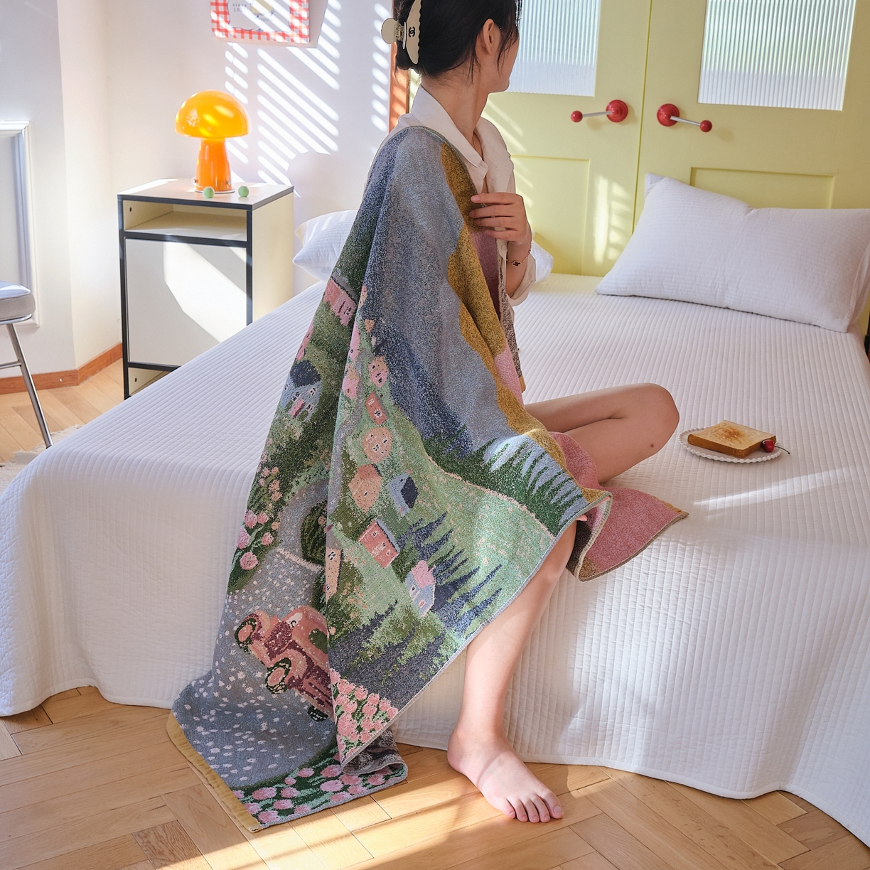 91家纺网 家纺一手货源 找家纺 沐瑟家纺 2025新款卡通A类全棉四层纱布浴巾加大毛巾-第四组 田园小镇 150*75cm