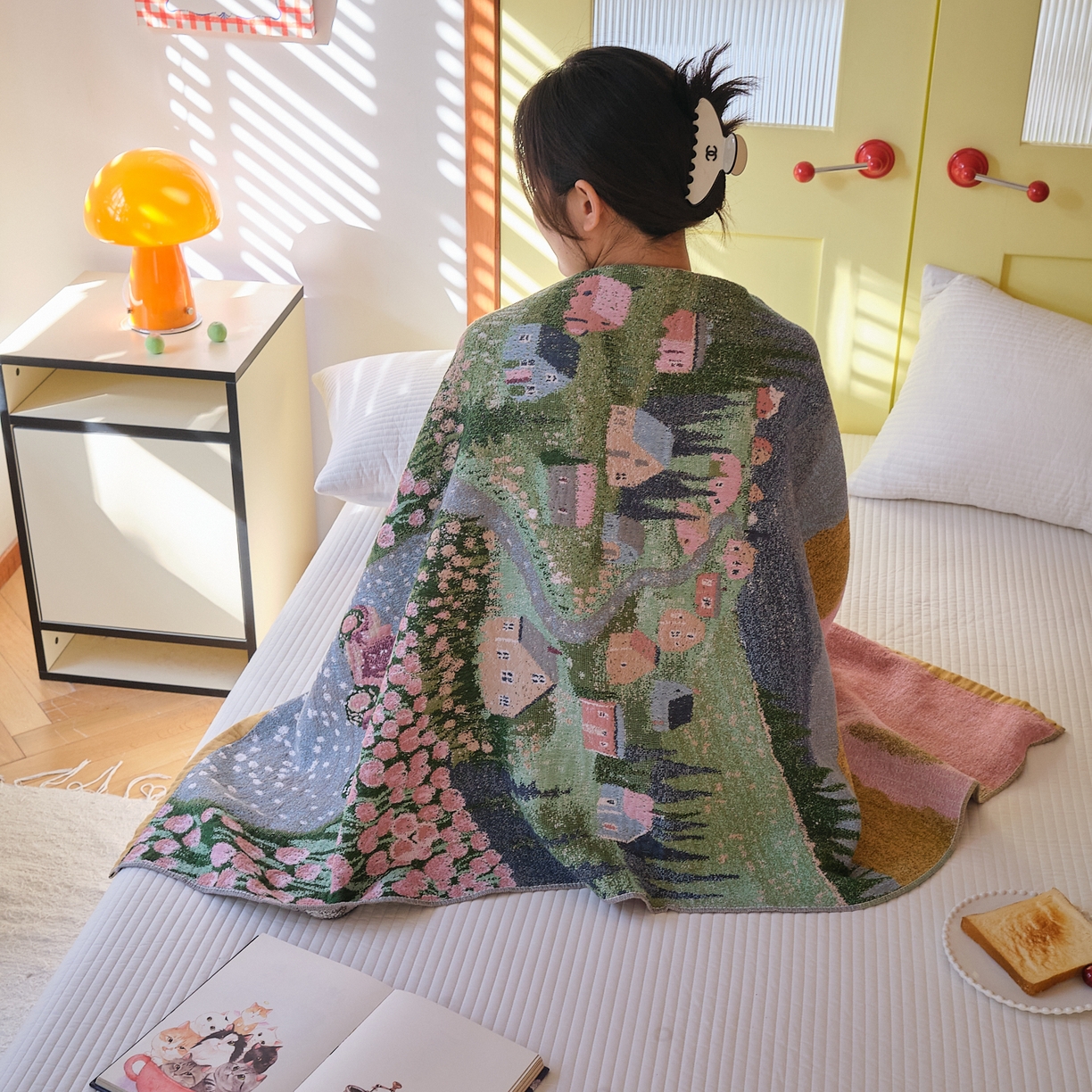 91家纺网 家纺一手货源 找家纺 沐瑟家纺 2025新款卡通A类全棉四层纱布浴巾加大毛巾-第四组 田园小镇 150*75cm