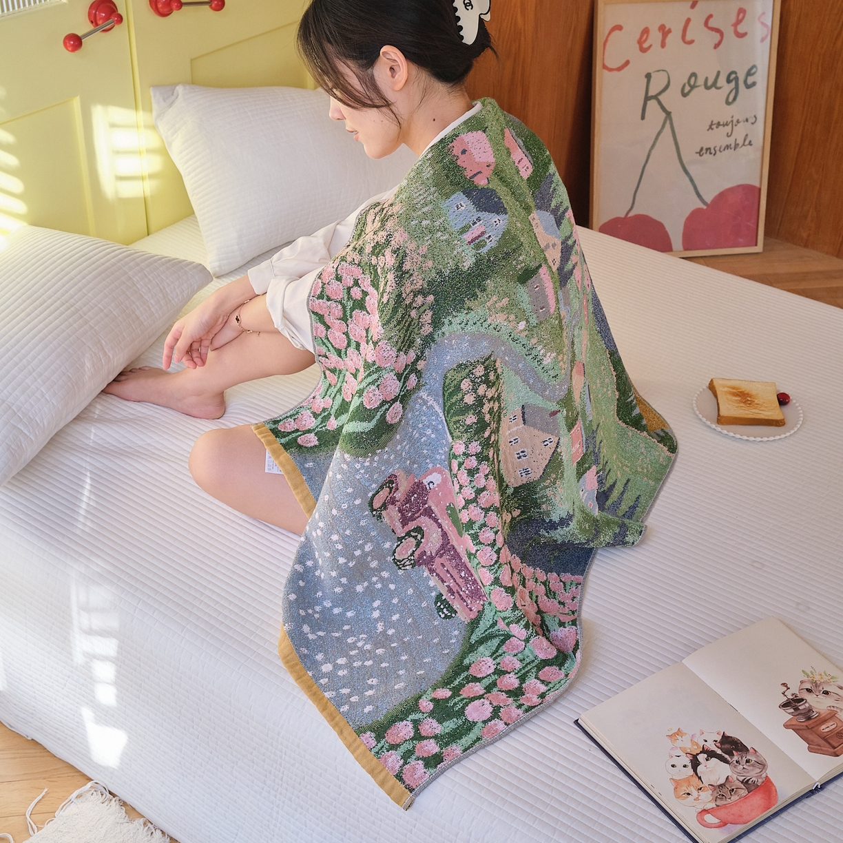 91家纺网 家纺一手货源 找家纺 沐瑟家纺 2025新款卡通A类全棉四层纱布浴巾加大毛巾-第四组 田园小镇 150*75cm