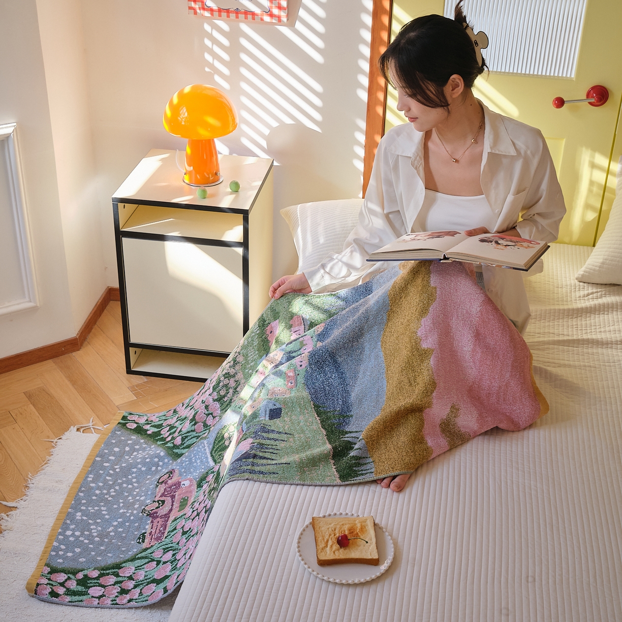 91家纺网 家纺一手货源 找家纺 沐瑟家纺 2025新款卡通A类全棉四层纱布浴巾加大毛巾-第四组 田园小镇 150*75cm