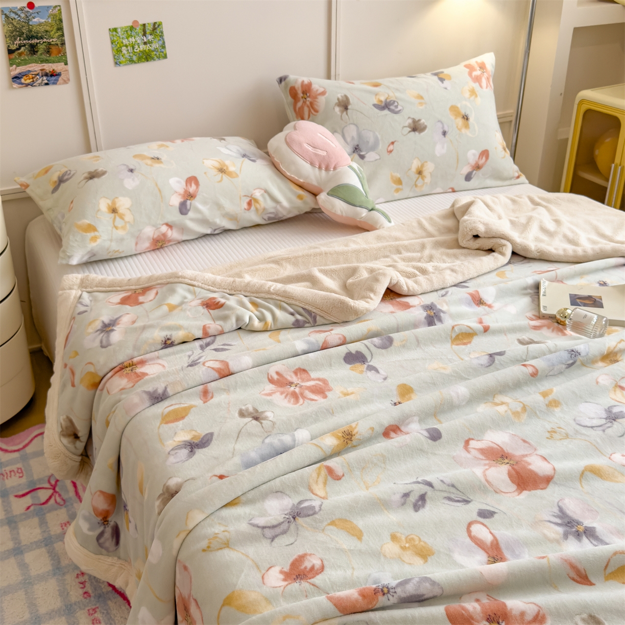 91家纺网 家纺一手货源 找家纺 慕木家纺 2025新款高克重印花牛奶绒云锦绒双层毛毯毛毯毯子（可供跨境提供买家秀） 双层毛毯-秋海棠+白