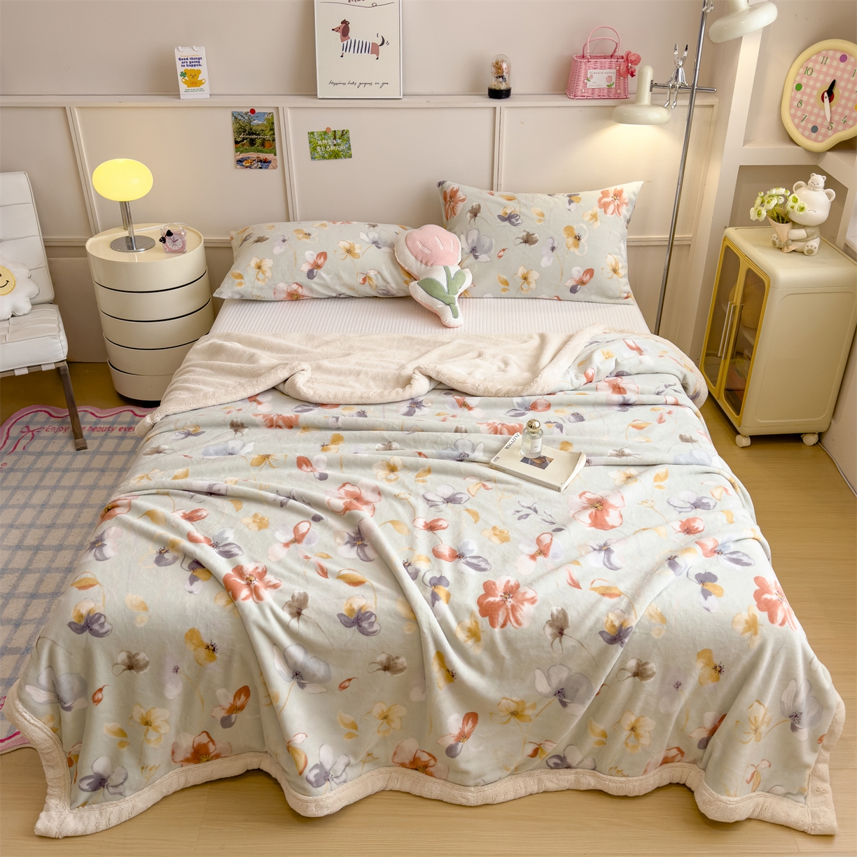 91家纺网 家纺一手货源 找家纺 慕木家纺 2025新款高克重印花牛奶绒云锦绒双层毛毯毛毯毯子（可供跨境提供买家秀） 双层毛毯-秋海棠+白