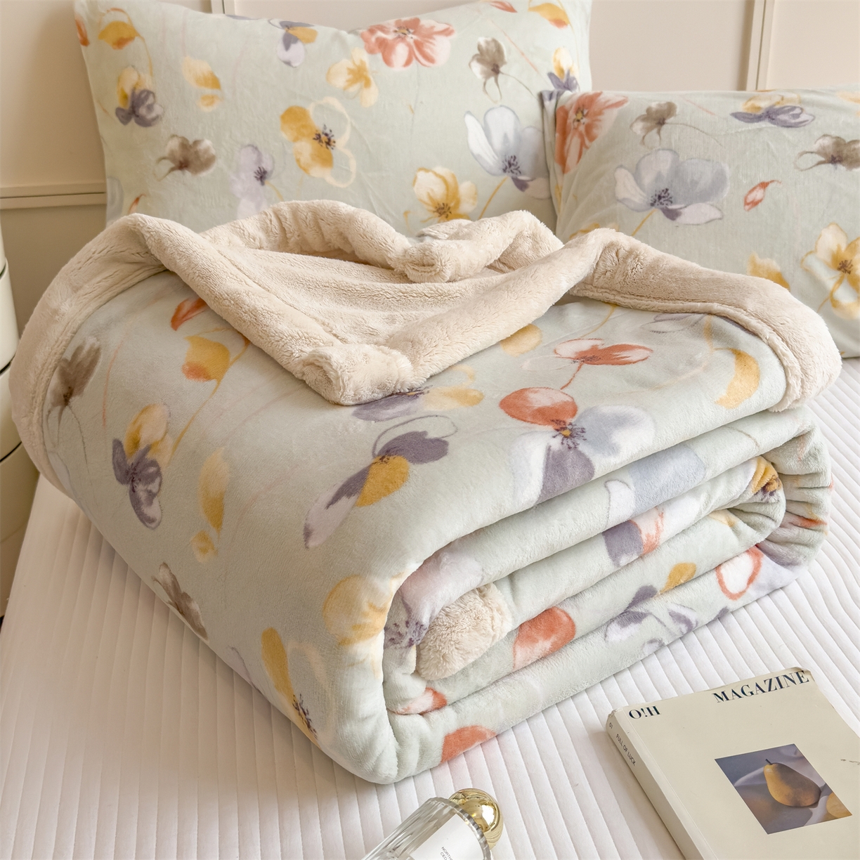 91家纺网 家纺一手货源 找家纺 慕木家纺 2025新款高克重印花牛奶绒云锦绒双层毛毯毛毯毯子（可供跨境提供买家秀） 双层毛毯-秋海棠+白