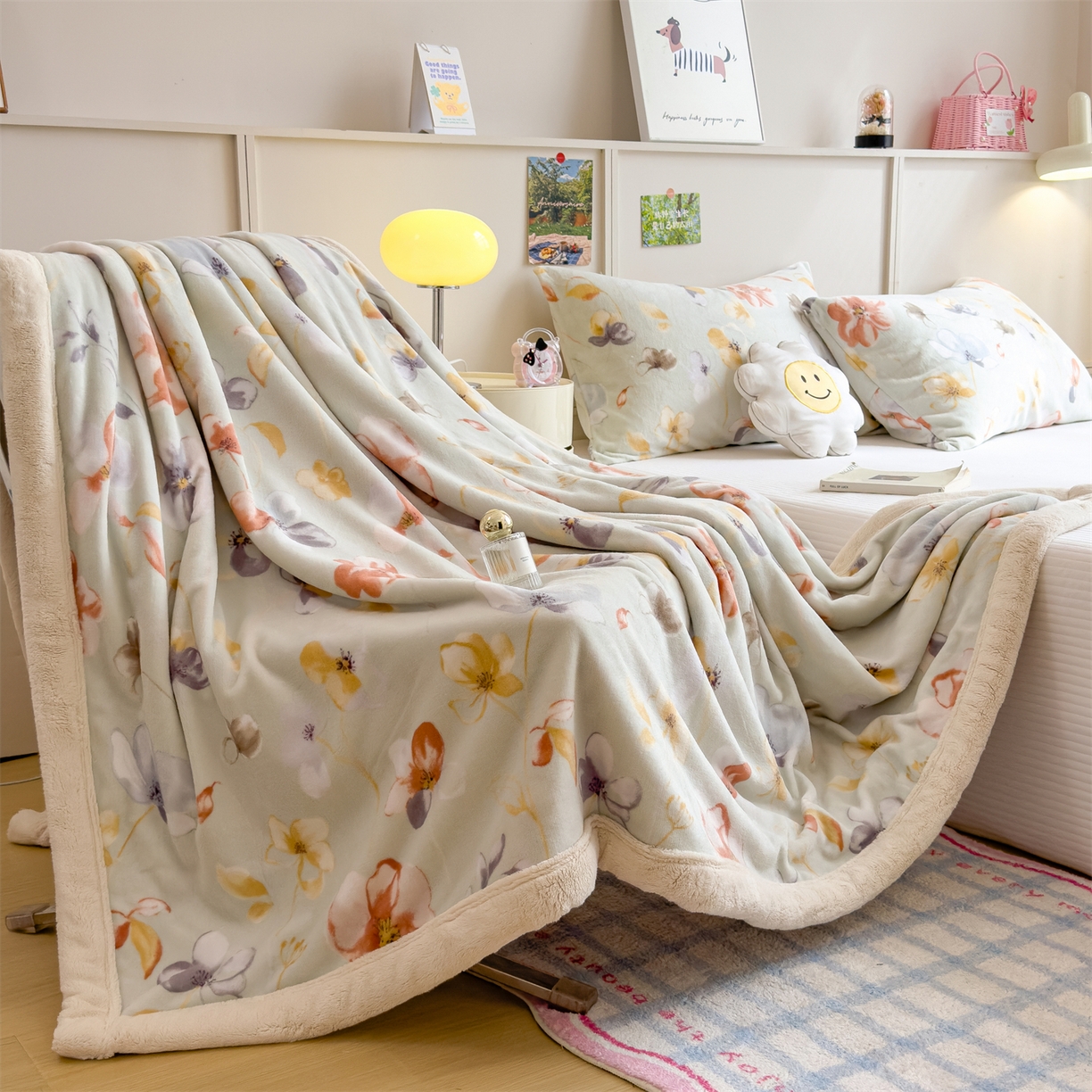 91家纺网 家纺一手货源 找家纺 慕木家纺 2025新款高克重印花牛奶绒云锦绒双层毛毯毛毯毯子（可供跨境提供买家秀） 双层毛毯-秋海棠+白