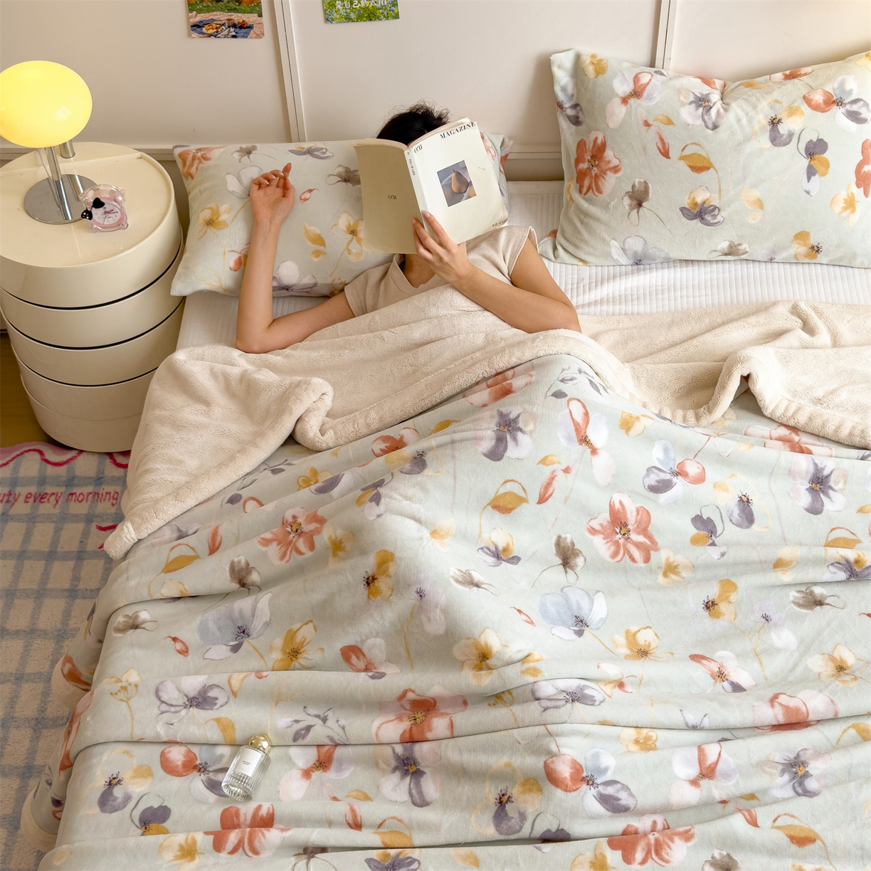 91家纺网 家纺一手货源 找家纺 慕木家纺 2025新款高克重印花牛奶绒云锦绒双层毛毯毛毯毯子（可供跨境提供买家秀） 双层毛毯-秋海棠+白