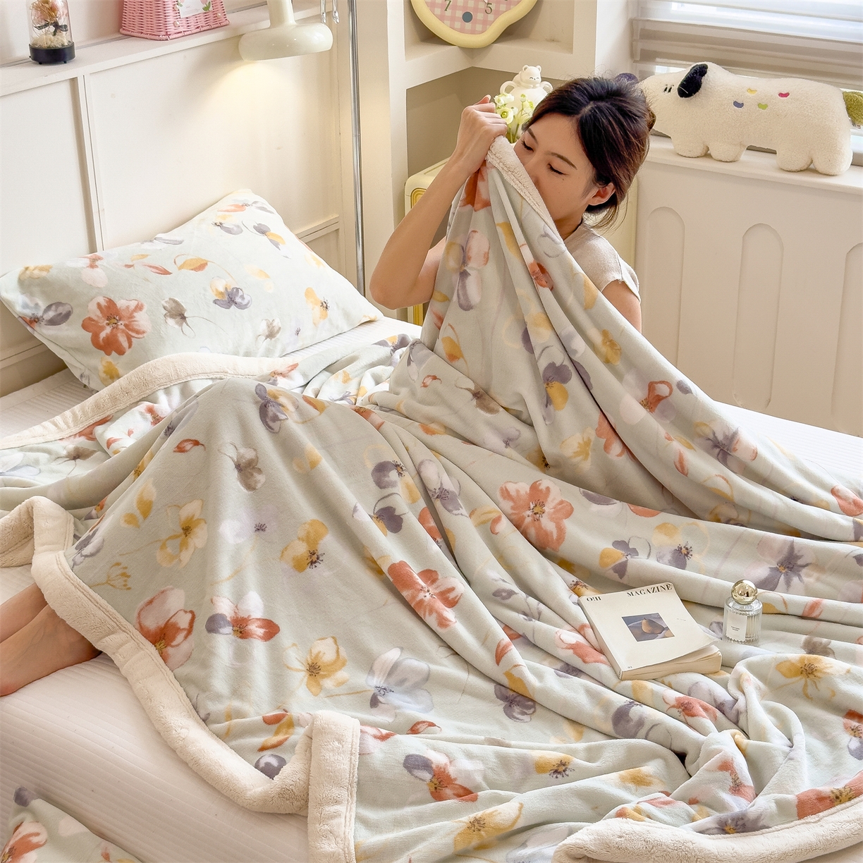 91家纺网 家纺一手货源 找家纺 慕木家纺 2025新款高克重印花牛奶绒云锦绒双层毛毯毛毯毯子（可供跨境提供买家秀） 双层毛毯-秋海棠+白