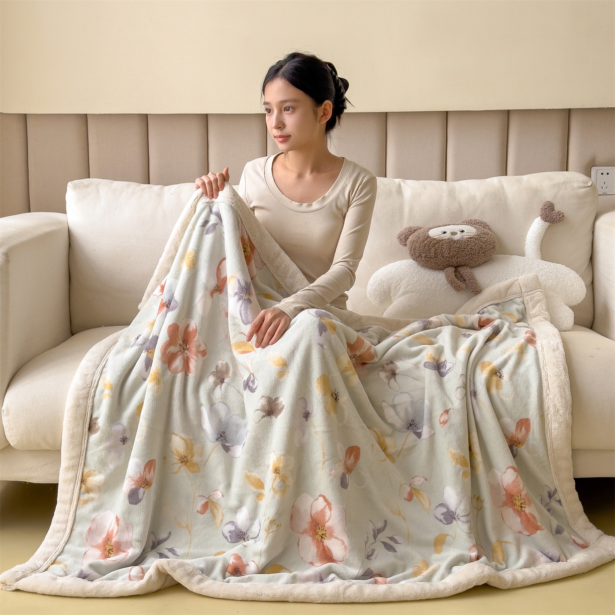 91家纺网 家纺一手货源 找家纺 慕木家纺 2025新款高克重印花牛奶绒云锦绒双层毛毯毛毯毯子（可供跨境提供买家秀） 双层毛毯-秋海棠+白