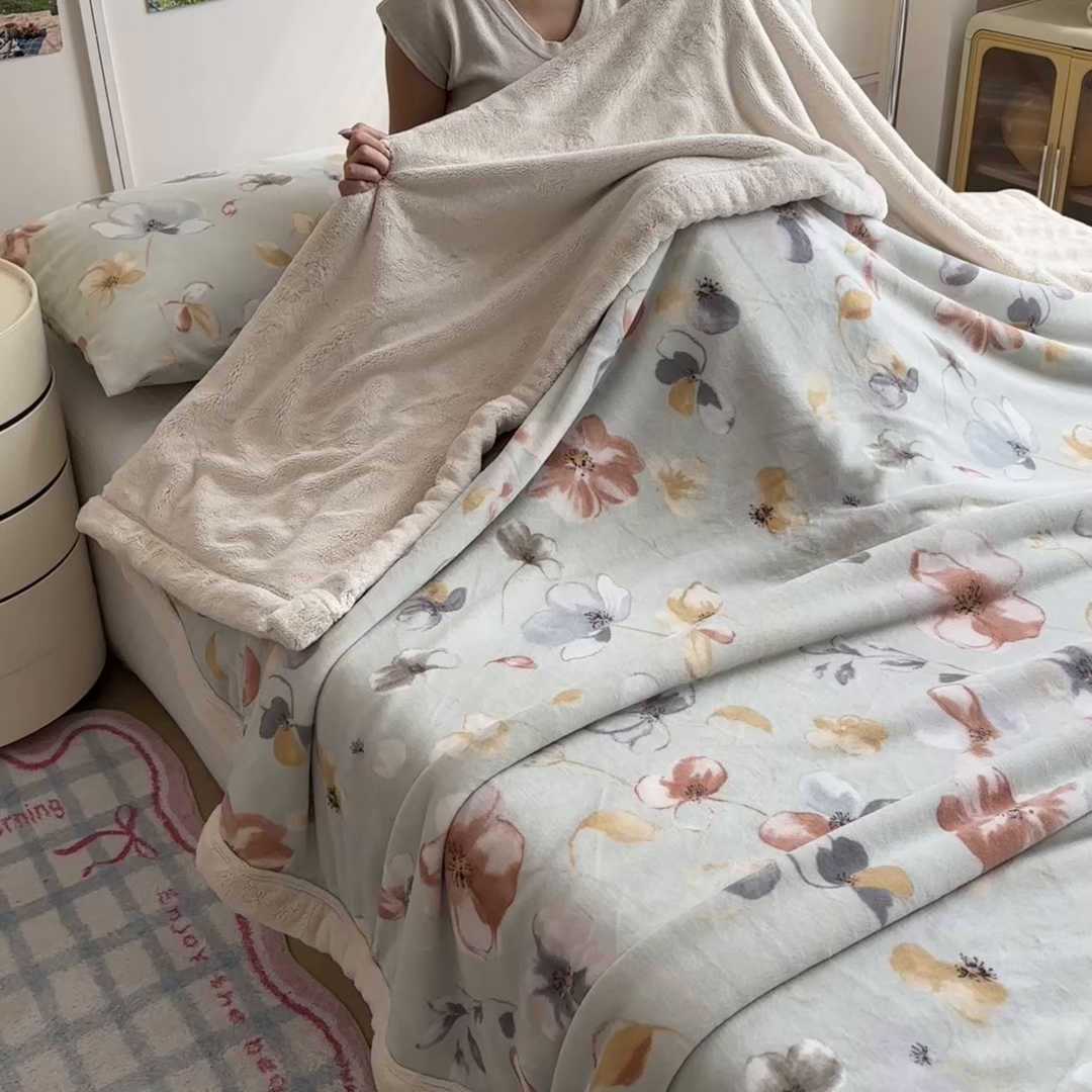 91家纺网 家纺一手货源 找家纺 慕木家纺 2025新款高克重印花牛奶绒云锦绒双层毛毯毛毯毯子（可供跨境提供买家秀） 双层毛毯-秋海棠+白