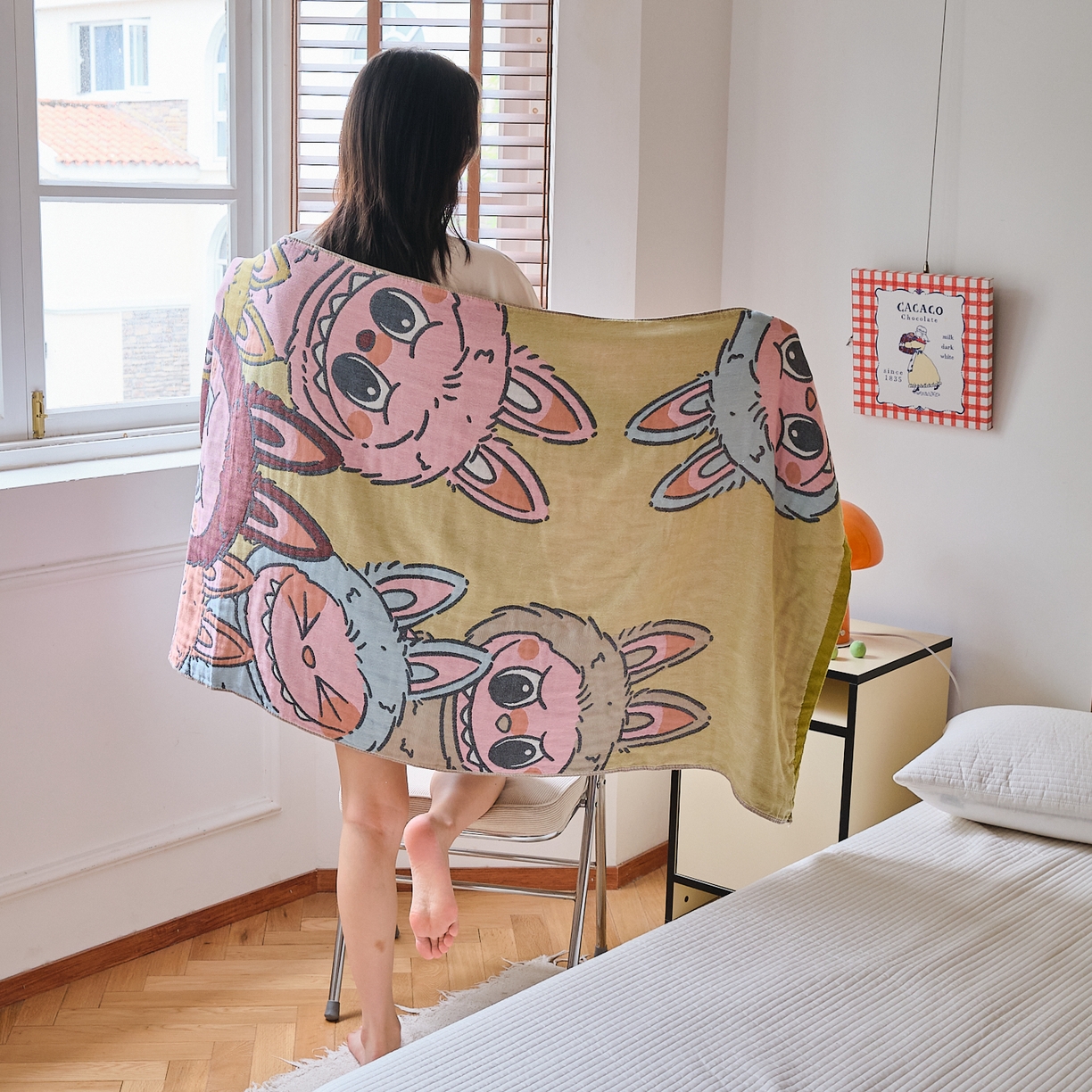 91家纺网 家纺一手货源 找家纺 沐瑟家纺 2025新款卡通A类全棉四层纱布浴巾加大毛巾-第四组 兔兔家族 150*75cm