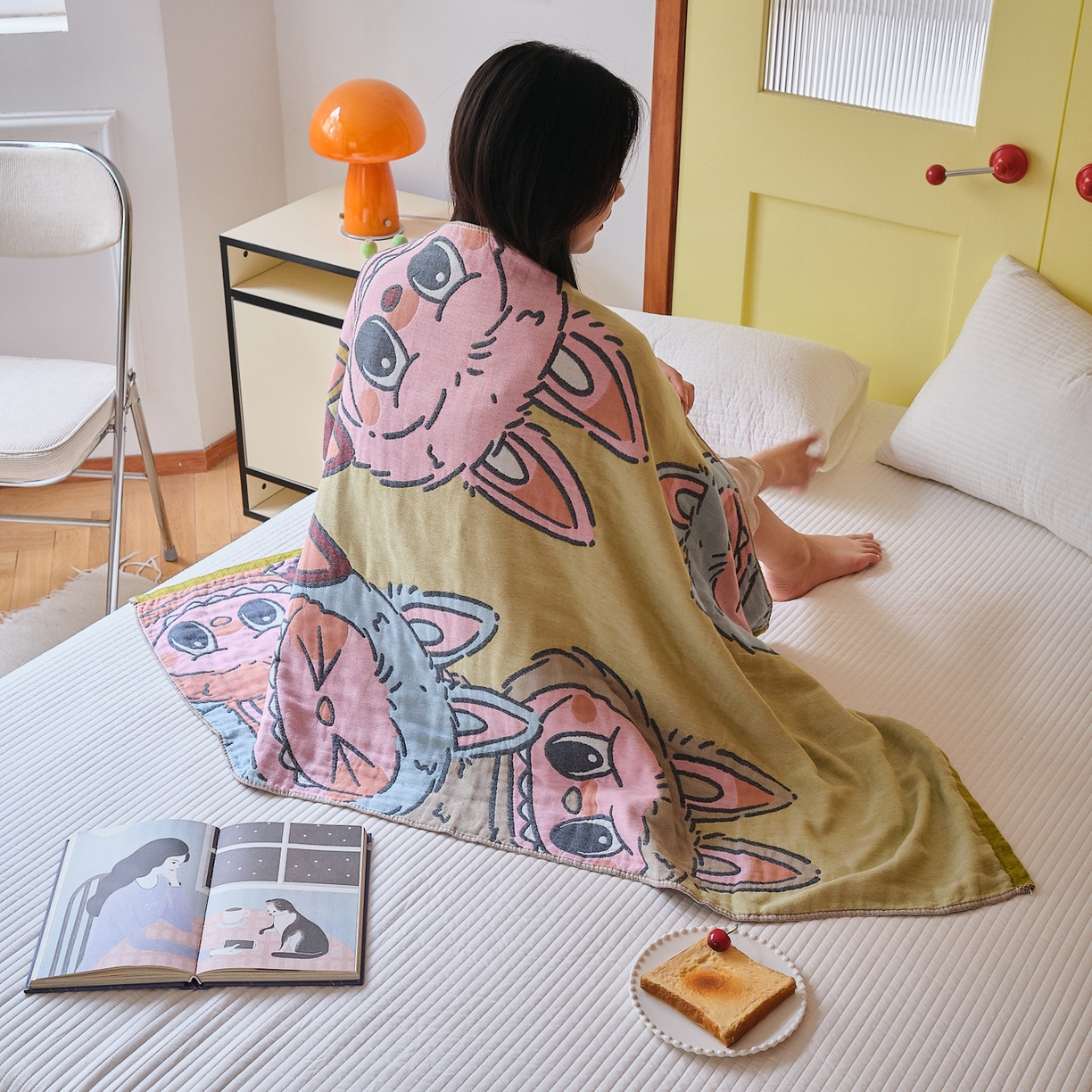 91家纺网 家纺一手货源 找家纺 沐瑟家纺 2025新款卡通A类全棉四层纱布浴巾加大毛巾-第四组 兔兔家族 150*75cm