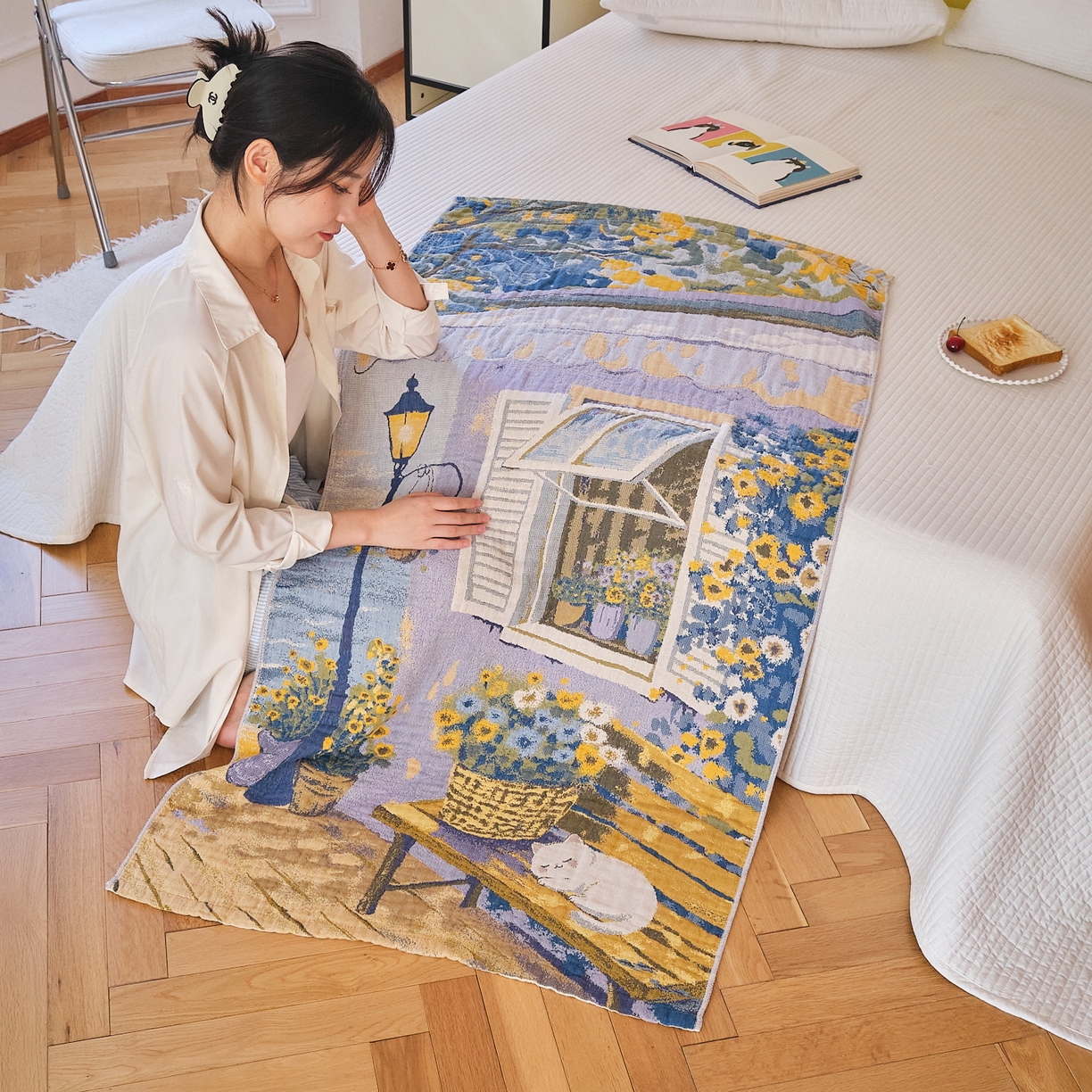 91家纺网 家纺一手货源 找家纺 沐瑟家纺 2025新款卡通A类全棉四层纱布浴巾加大毛巾-第四组 午睡时光 150*75cm