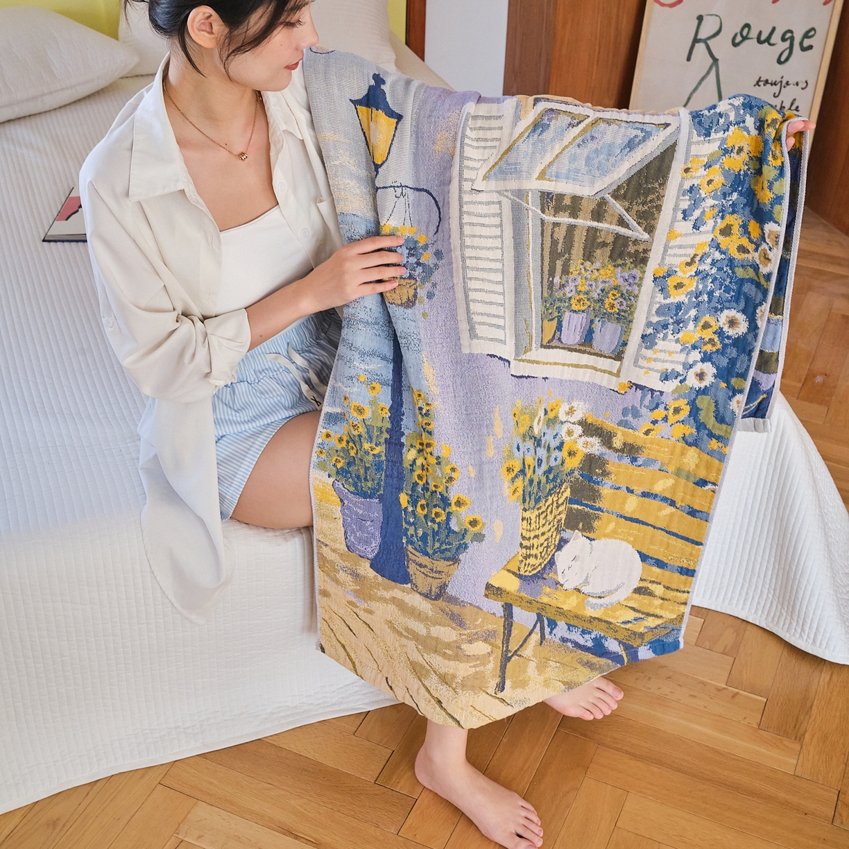 91家纺网 家纺一手货源 找家纺 沐瑟家纺 2025新款卡通A类全棉四层纱布浴巾加大毛巾-第四组 午睡时光 150*75cm