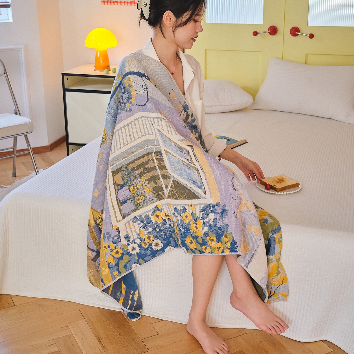 91家纺网 家纺一手货源 找家纺 沐瑟家纺 2025新款卡通A类全棉四层纱布浴巾加大毛巾-第四组 午睡时光 150*75cm