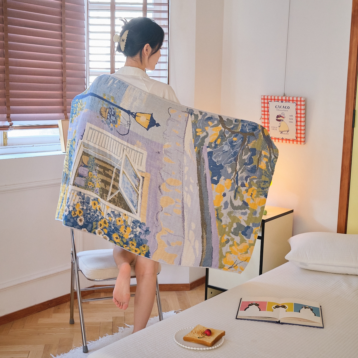 91家纺网 家纺一手货源 找家纺 沐瑟家纺 2025新款卡通A类全棉四层纱布浴巾加大毛巾-第四组 午睡时光 150*75cm